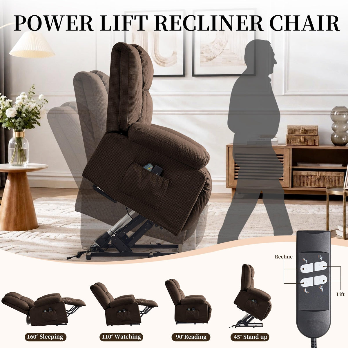 Korser Dual Motor Power Lift Recliner Chair for Elderly with Massage and Heat, Oversized Electric Recliner with Side Pockets, Living Room, Waffle, Brown