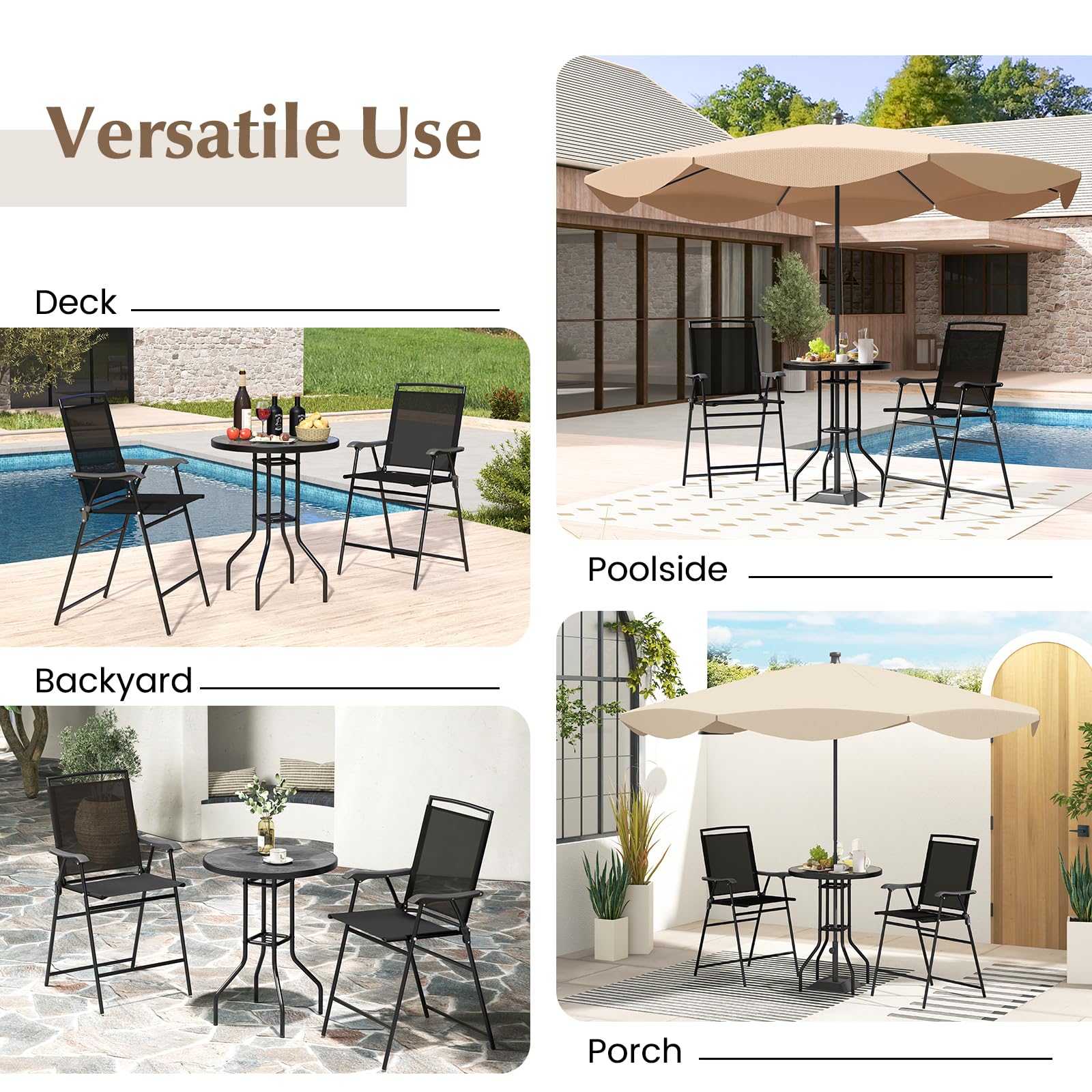 3-Piece Outdoor Patio Bar Set with Round Table & Folding Counter Height Chairs