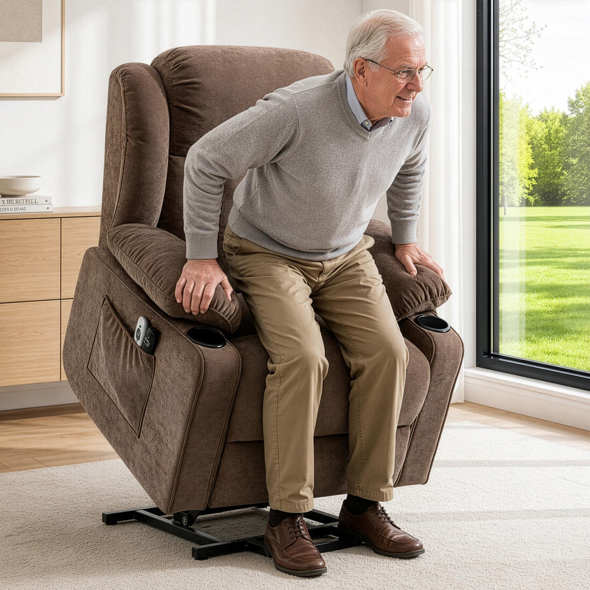 Sftaiyou Power Lift Recliner for Elderly,Electric Recliner Chair with Massage & Heating for Adults, USB Charging, Cup Holders, Side Pocket, Living Room Sofa L1288 (Brown)