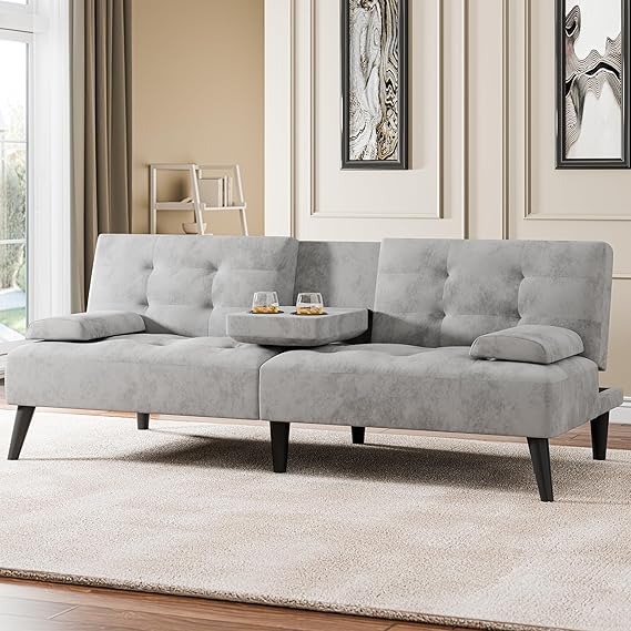 64" Futon Sofa Bed with Adjustable Backrest & Cup Holders