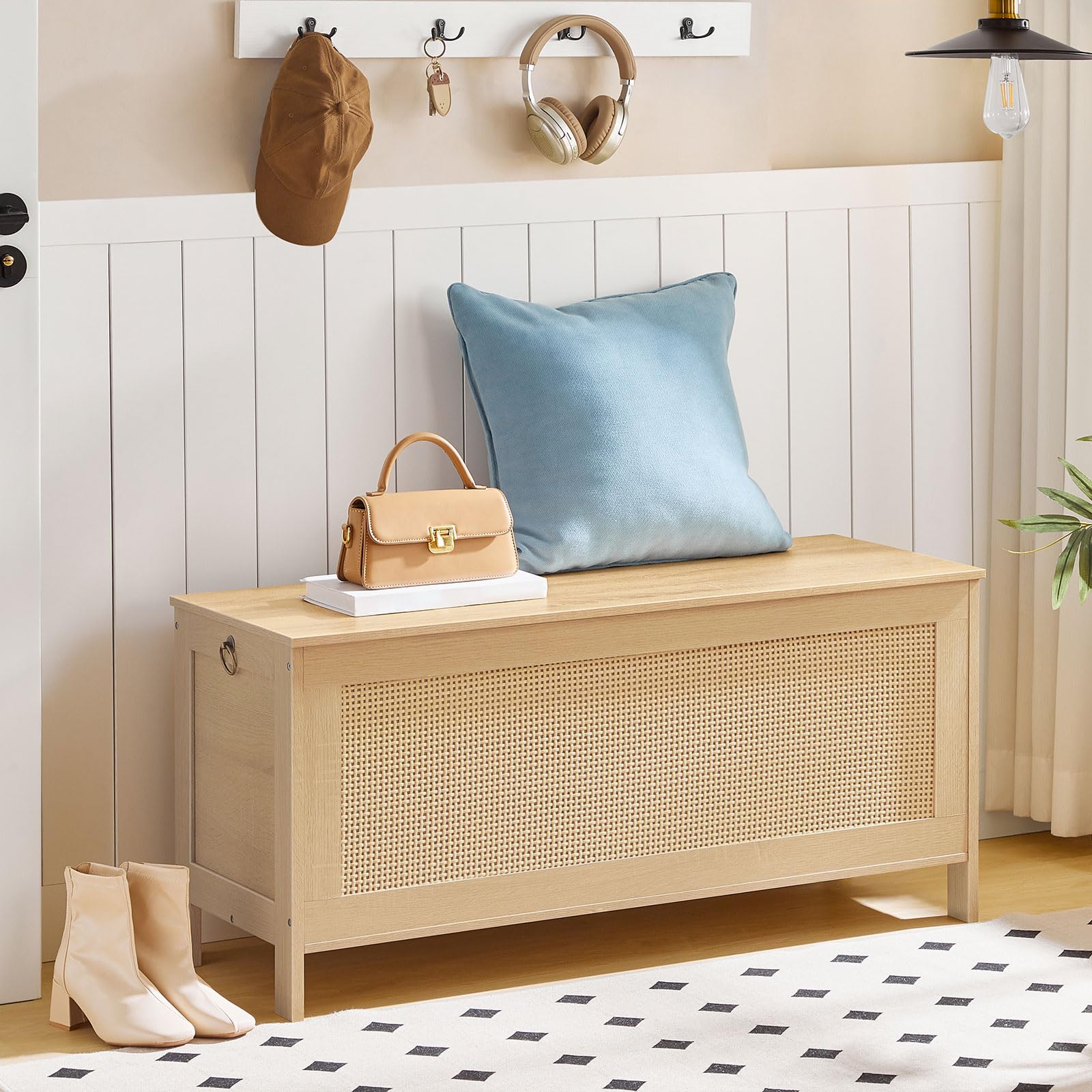 Storage Bench with Faux Rattan Lid & Safety Hinge