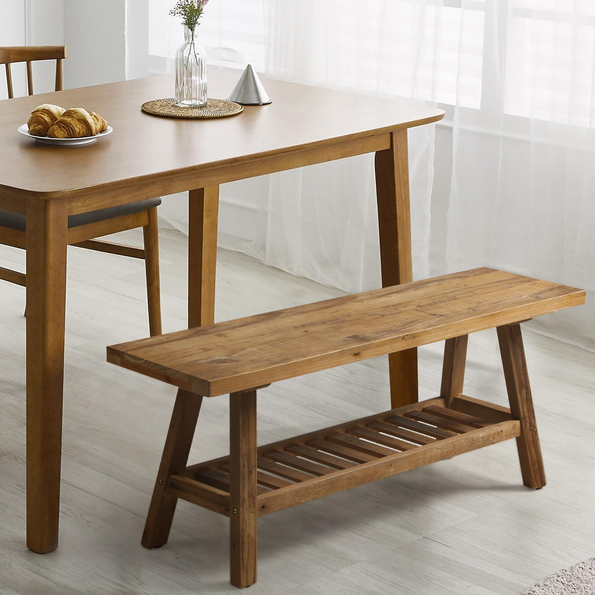 Reclaimed Wood Entryway Bench with Storage Shelf