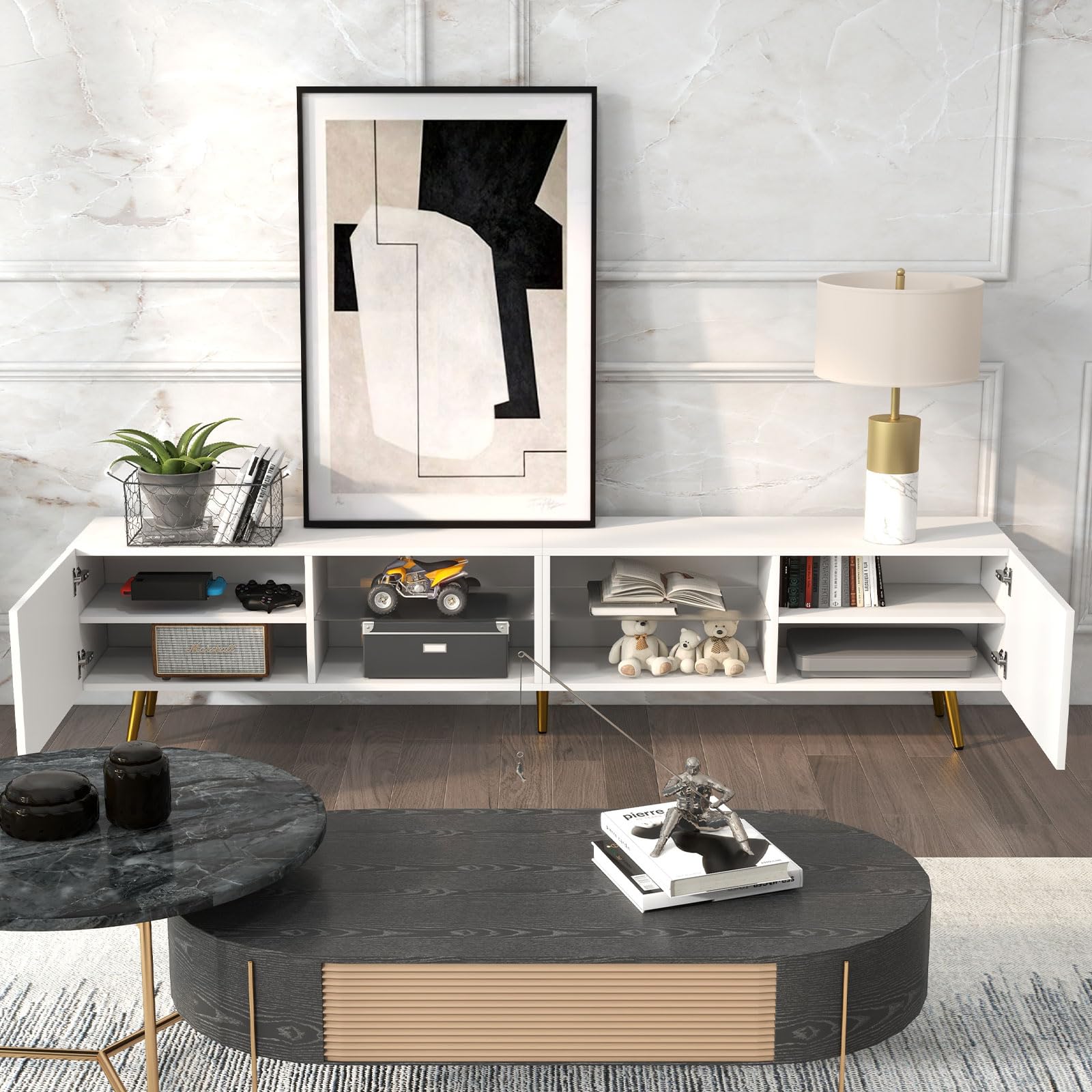 Bonzy Home 86" LED TV Stand, Modern Entertainment Center up to 75" 80" 85" TV, Television Console Table with Storage Cabinets for Living Room, White