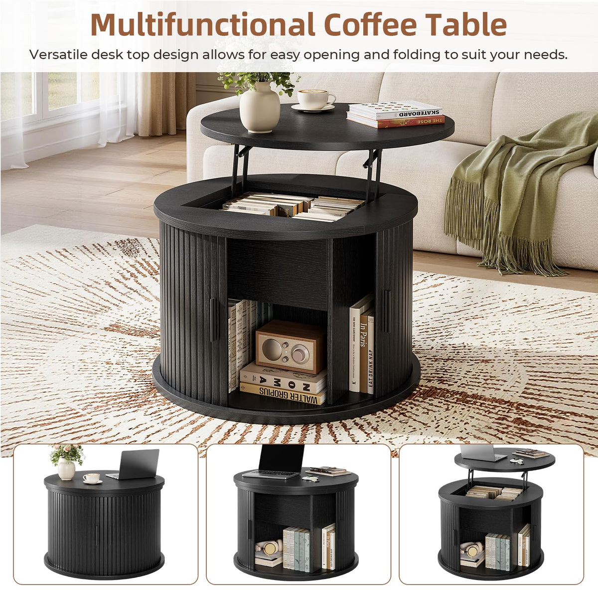 Hizyrina Round Lift Top Coffee Table, 23.6" Fluted Drum Coffee Table with Large Hidden Storage for Living Room, Center Table with Sliding Rolling Door for Small Spaces, Apartment, Home Office, Black
