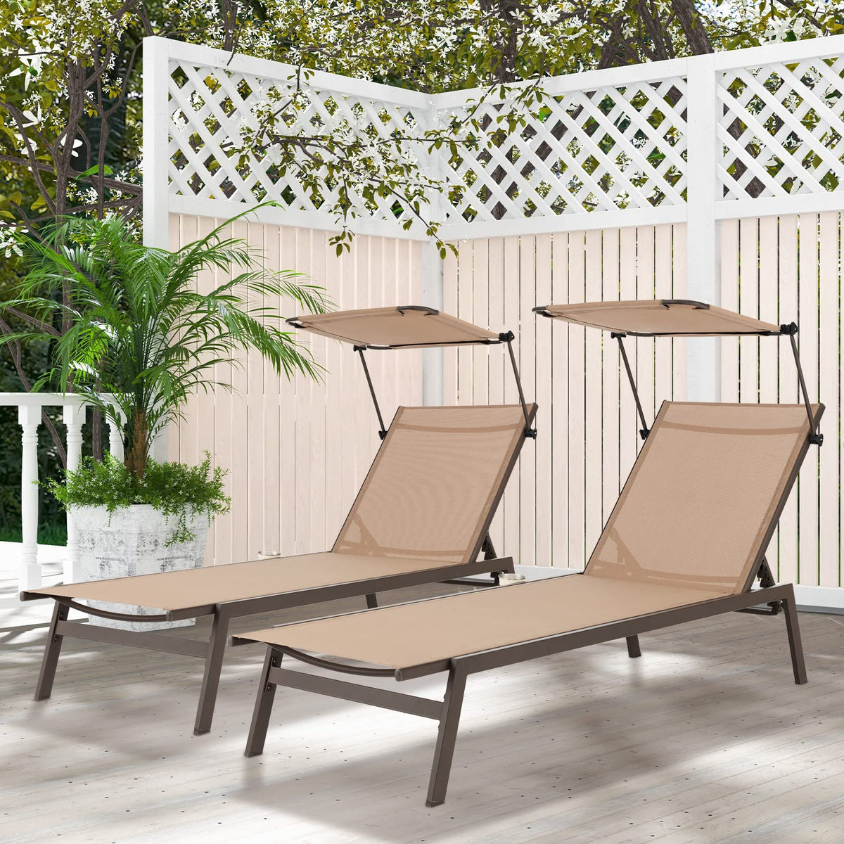 Tangkula 2 Pieces Patio Chaise Lounge Chair, Outdoor Recliner with Adjustable Canopy & Cup Holder, 6-Level Backrest, Heavy-Duty Metal Reclining Lounger for Poolside, Backyard (Brown)