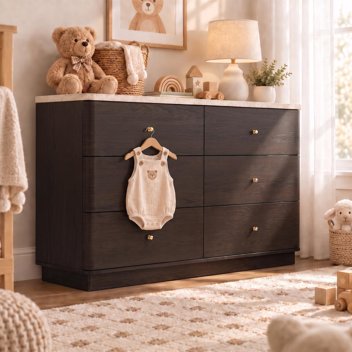 Brafab 47.5" Curved Chest of Drawers, 6 Drawer Dresser Travertine-Inspired