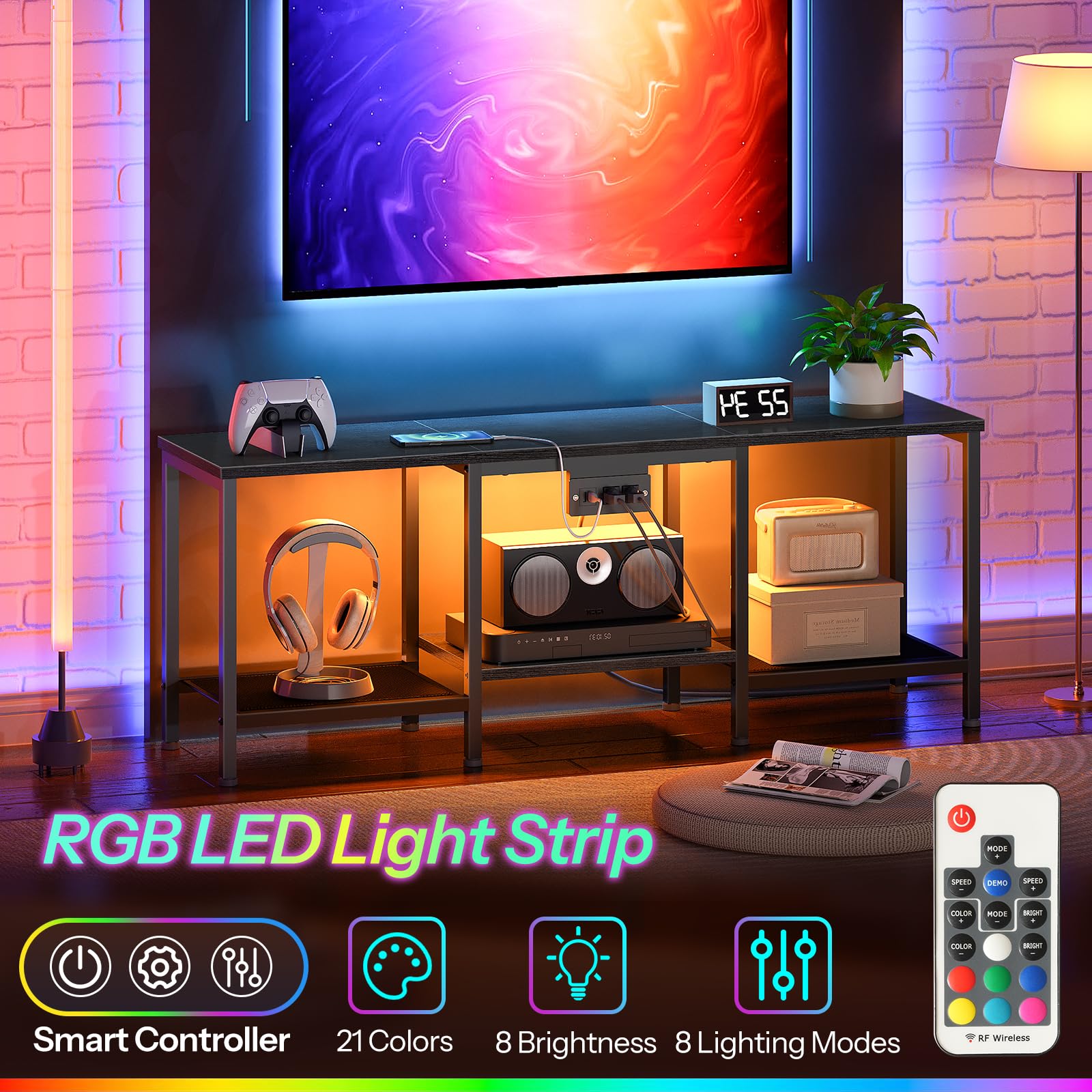 HOOBRO TV Stand with Charging Station to 55 Inches, LED Entertainment Center, Media TV Console Table with Open Storage Shelving for Living Room, Bedroom, Black BB122UDDS01