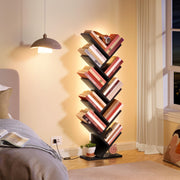 Hoctieon 10 Tier Tree Bookshelf, Tall Bookcase, Freestanding Book Shelf with LED Lights, Display Floor Standing Storage Shelf, Book Organizer Shelves for Home Office, Living Room, Black