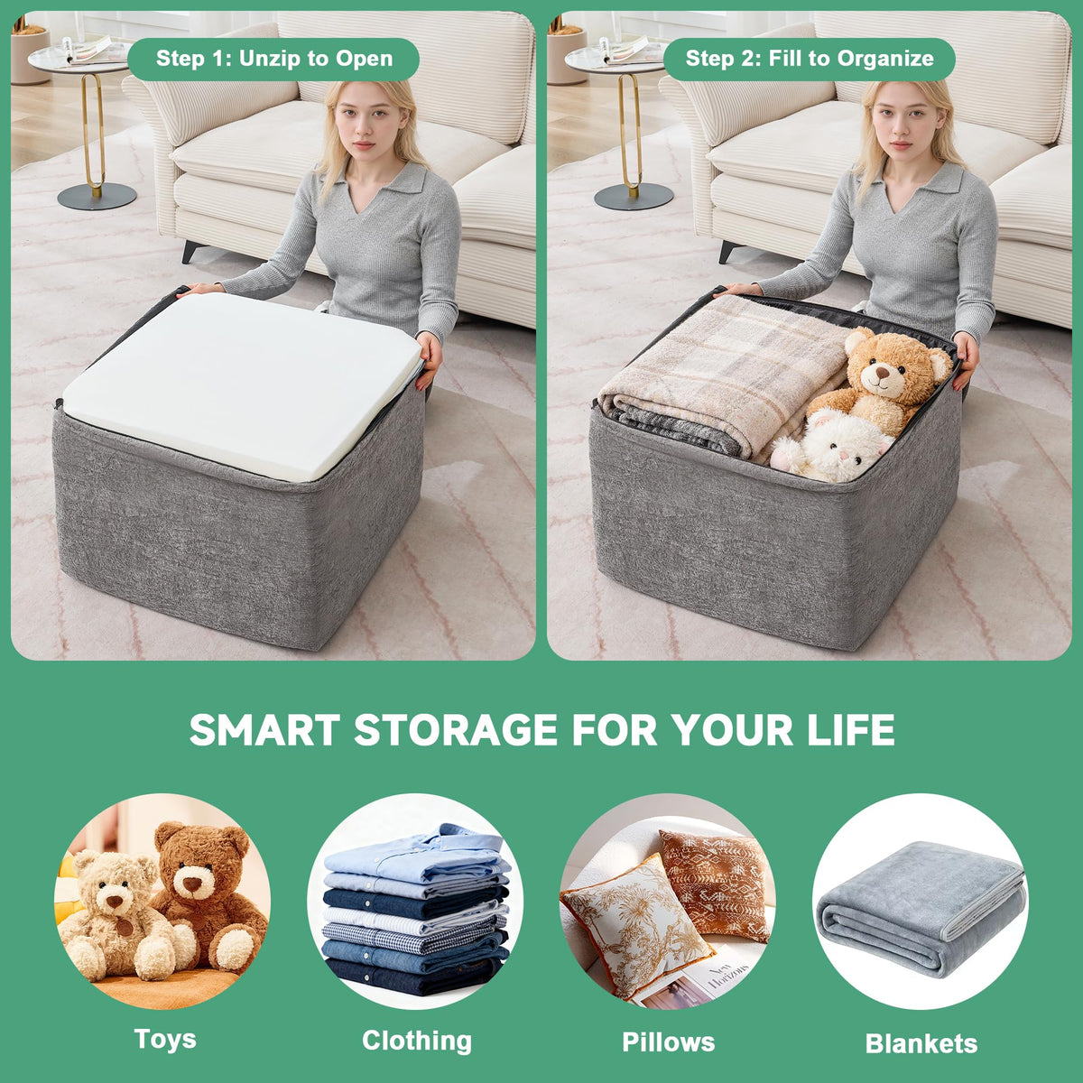 PoteSoar 23.6'' Square Pouf Boneless Ottoman Foot Rest with High-Rebound Solid One-Piece Foam and Removable Washable Cover for Living Room, Gaming, Movie Watching - Grey