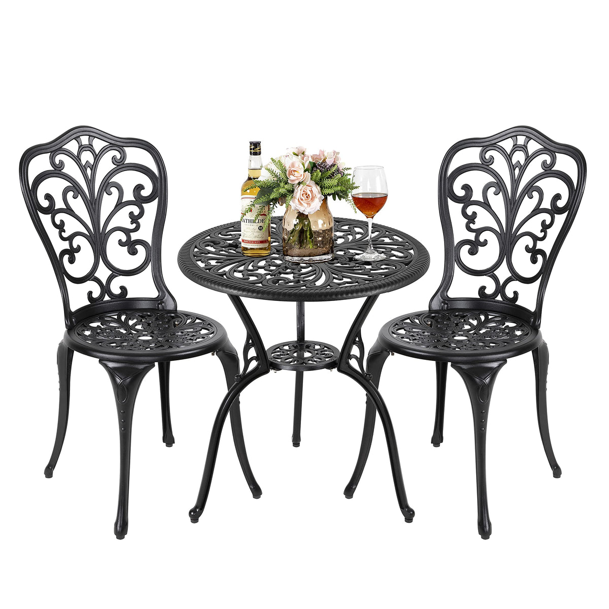 Nuu Garden 3 Piece Outdoor Bistro Table Set, All Weather Cast Aluminum Patio Bistro Sets Patio Table and Chairs Set of 2 with Umbrella Hole for Yard, Balcony, Black