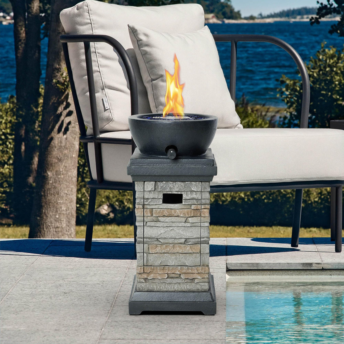 1 lb Bowl Gas Fire Pit, 10,000 BTU Propane Fire Pit, Outdoor Firepit for Outdside Patio w/Glass Rocks
