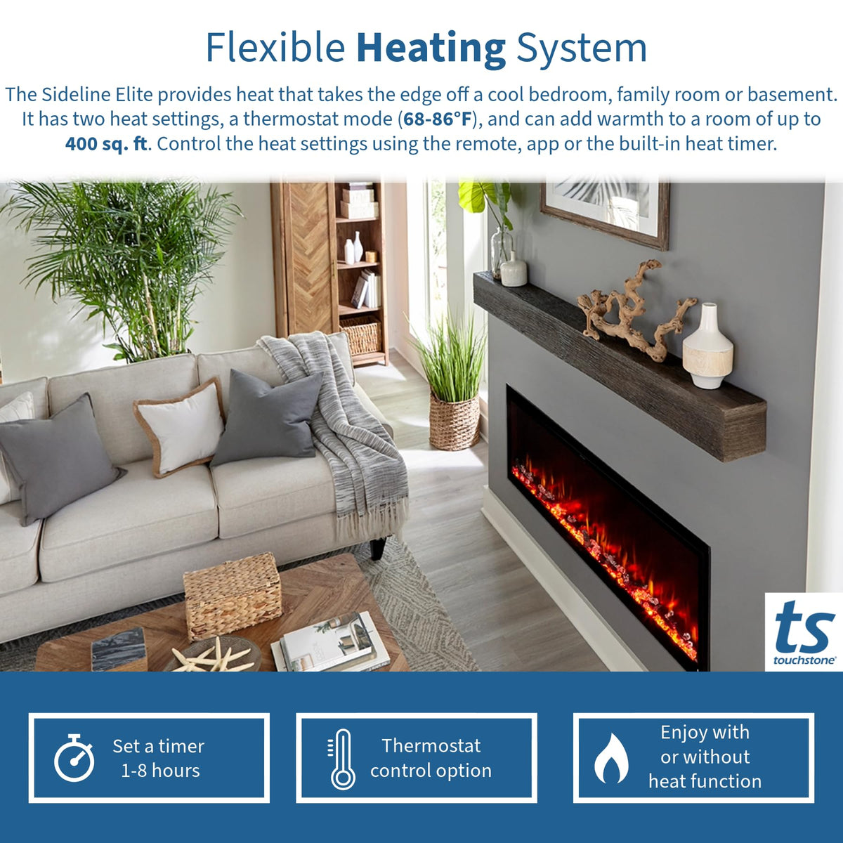 Touchstone Sideline Elite 50" Smart Electric Fireplace with Surround Mantel - 1,500W Heater