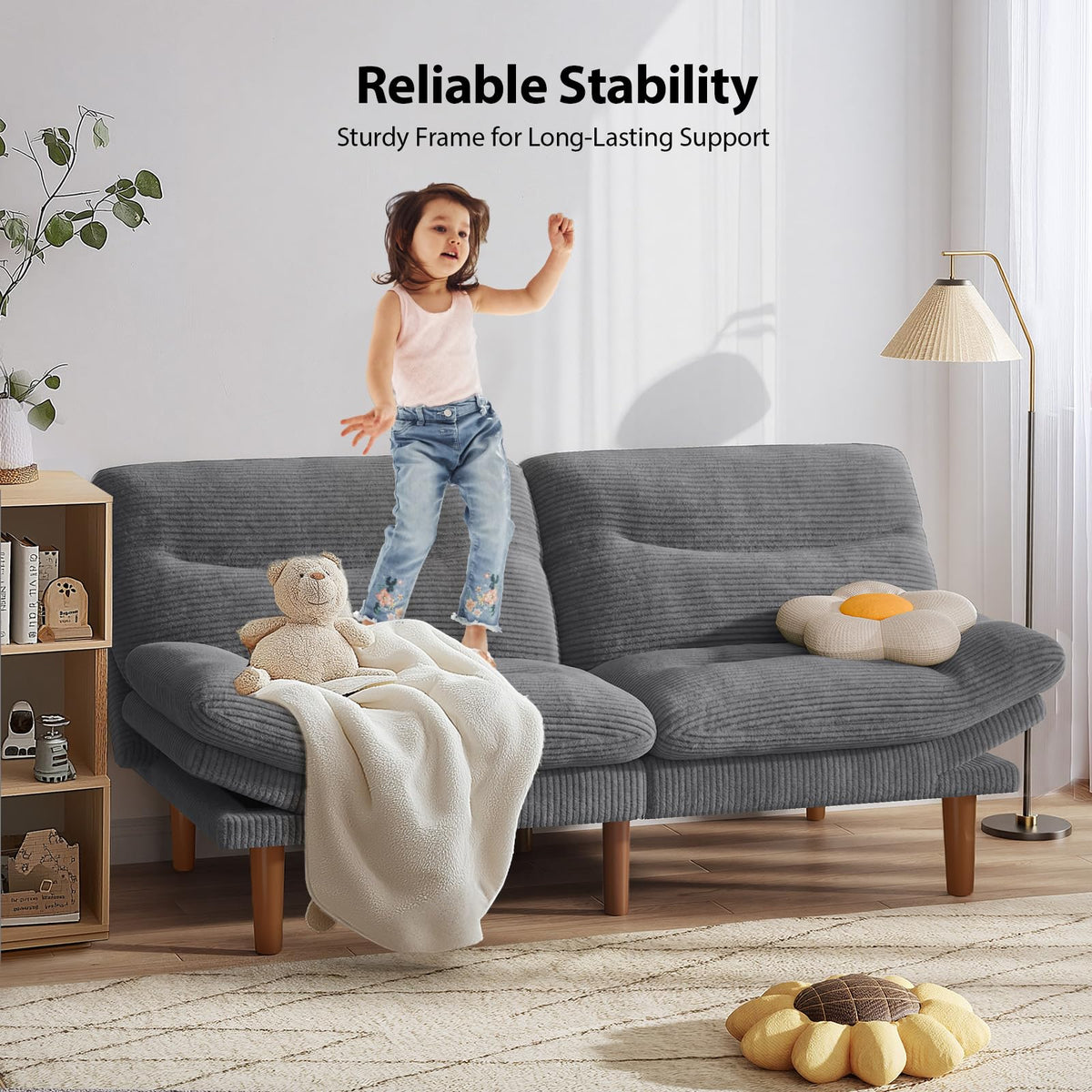 Pipishell 66 inch Convertible Futon Sofa Bed, Corduroy, Grey