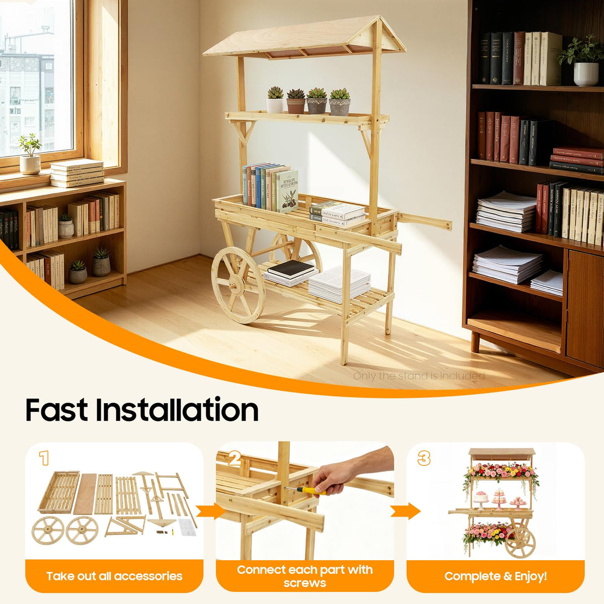 3-Tier Flower Cart Display Stand, Rolling Plant Shelf with Push Handles