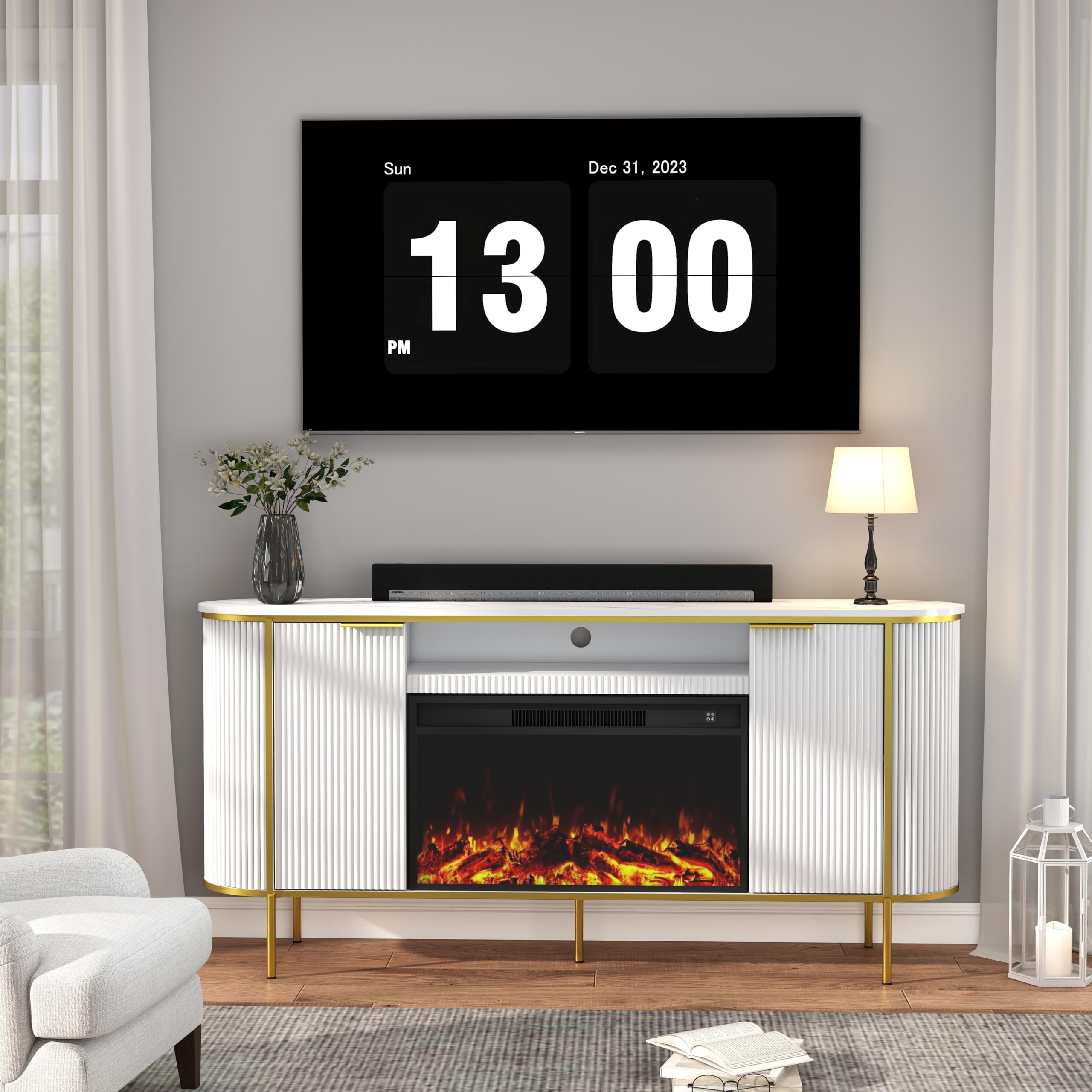 LABROSKIA Fluted Fireplace TV Stand: 70" White Electric Fireplace TV Stand Up to 80 inchs, Luxury Media Console with 30" Electric Fire Place, Modern TVs Consoles for Living Room, Faux Marble Top