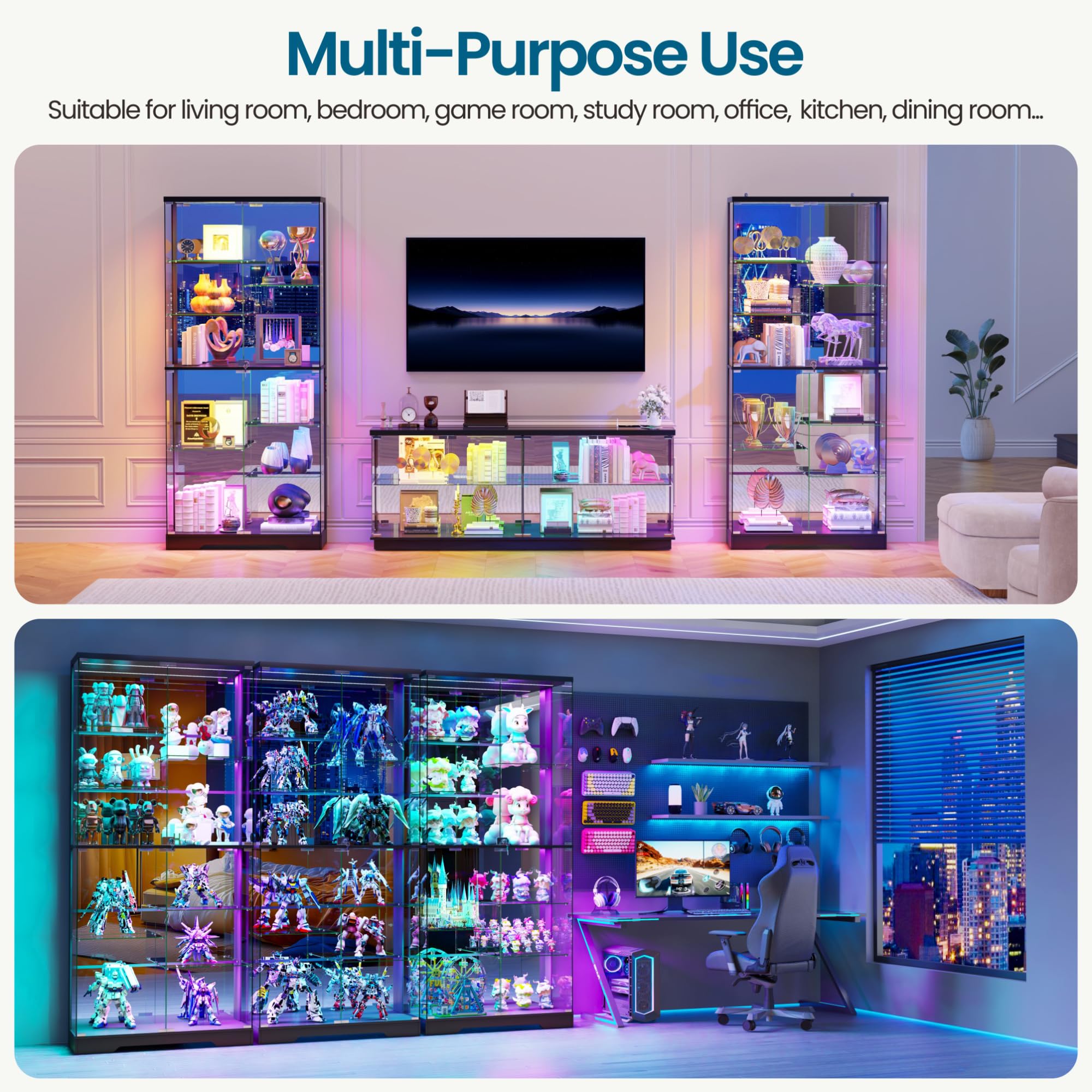 Glass Display Cabinet with RGB Lighting, 10 Compartments