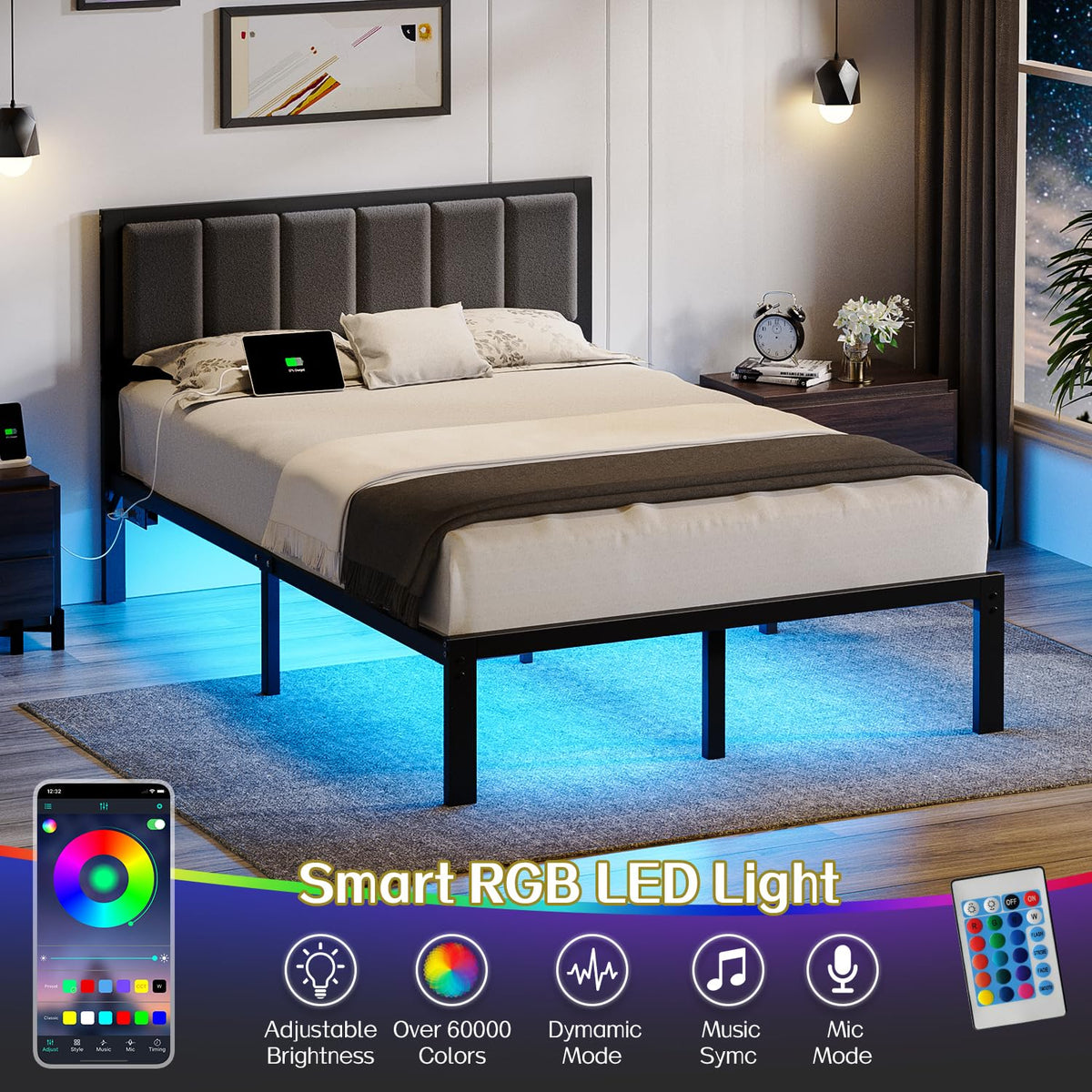 Full LED Bed Frame with Charging Ports