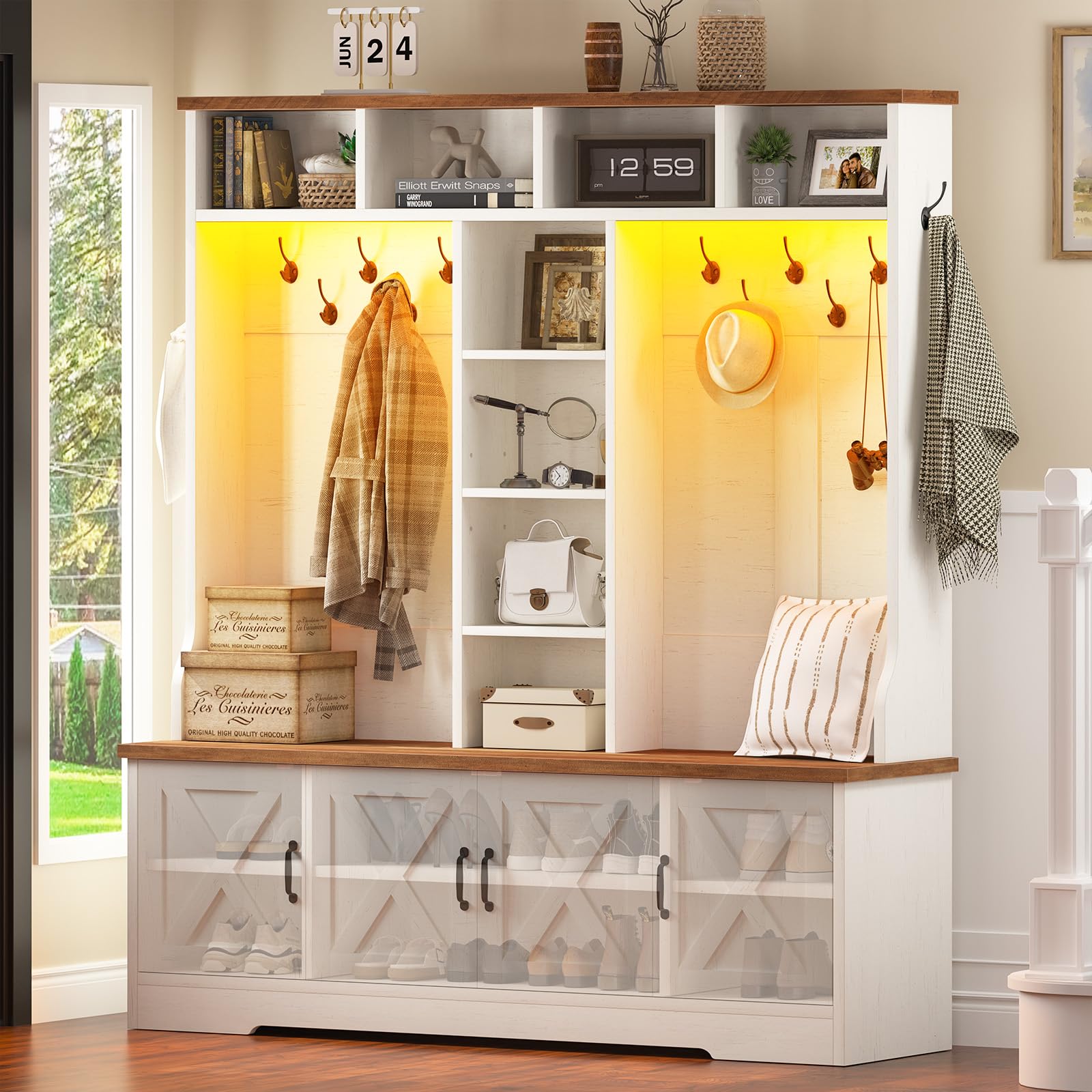 5-in-1 Farmhouse Hall Tree with Bench, Shoe Cabinet, 12 Hooks & LED Lights