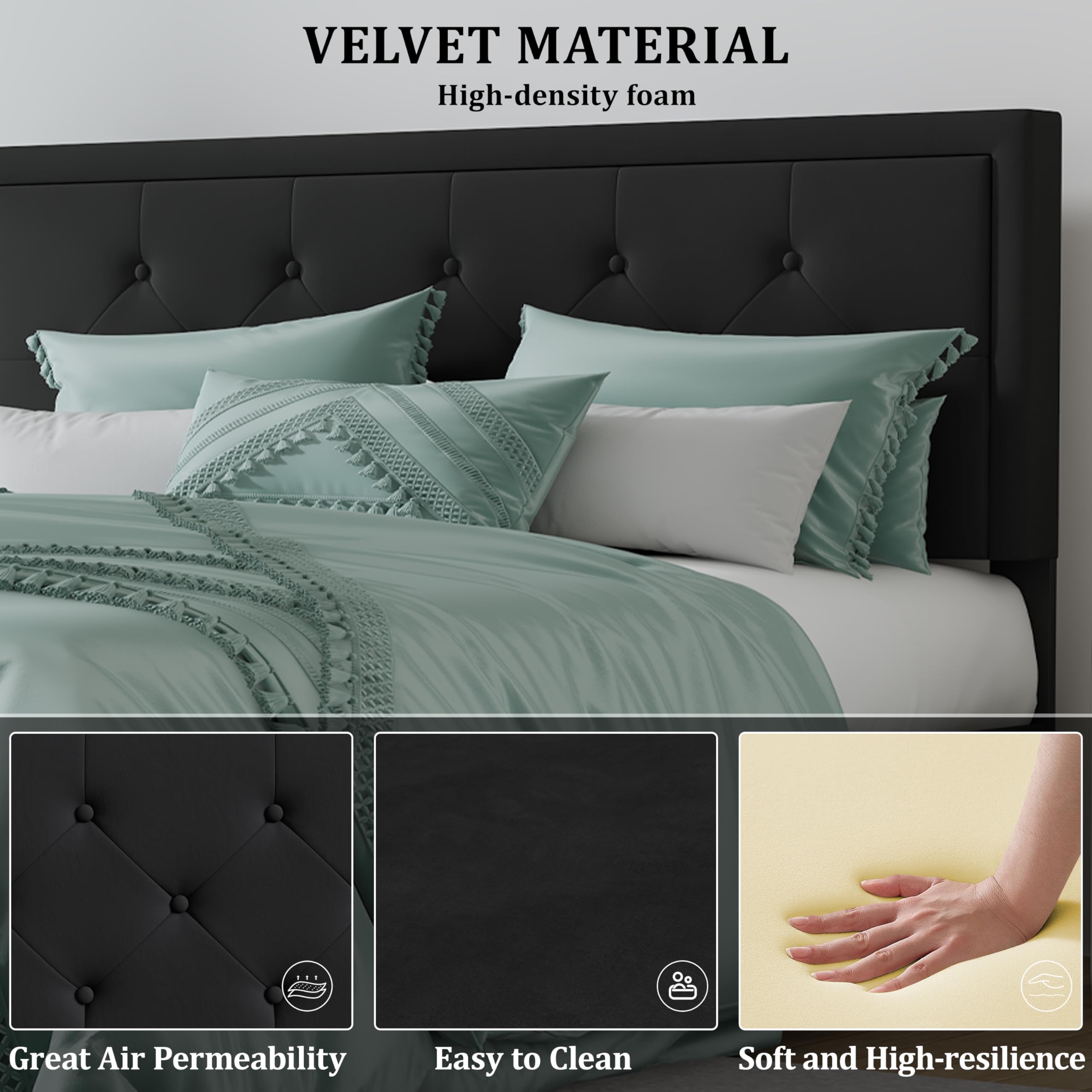 IOILORI Full Size Bed Frame with Upholstered Velvet Headboard, No Box Spring Needed, Button Tufting Design, Strong Wooden Slat, Black