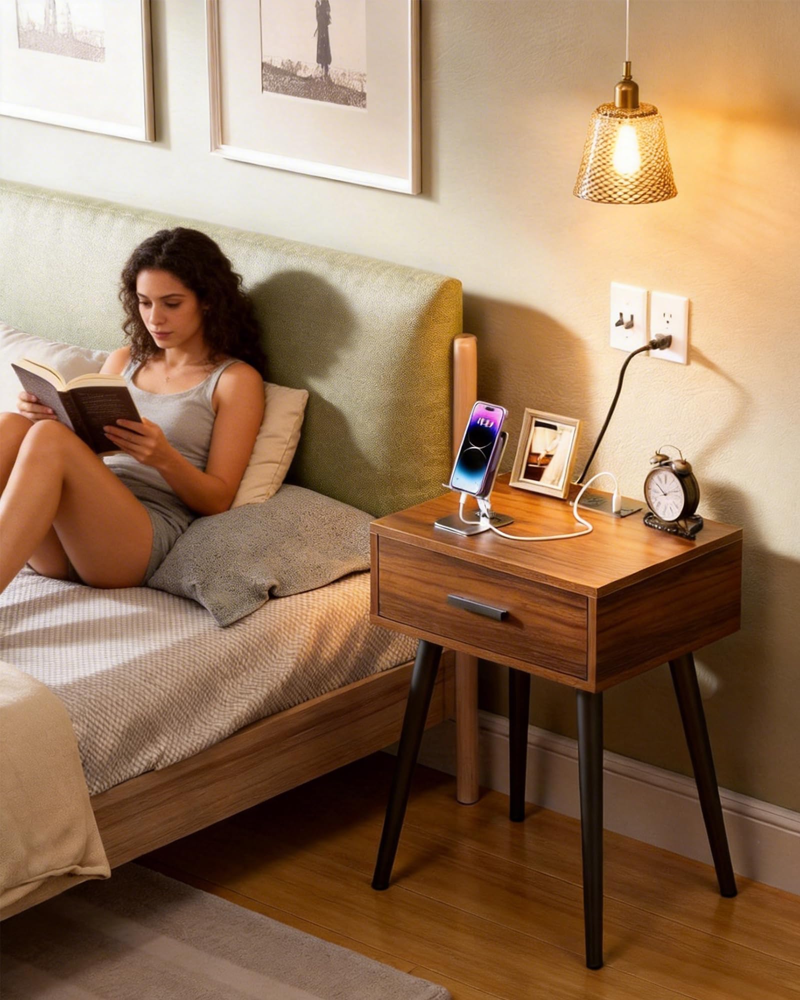 Nightstand Set of 2 with Charging Station & Storage Drawer