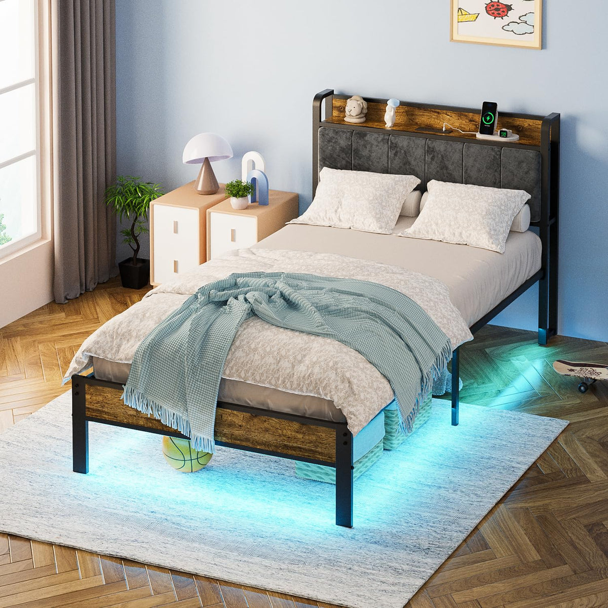 ALBERTO Twin Size Bed Frame with USB Charging Station and Smart LED Lights