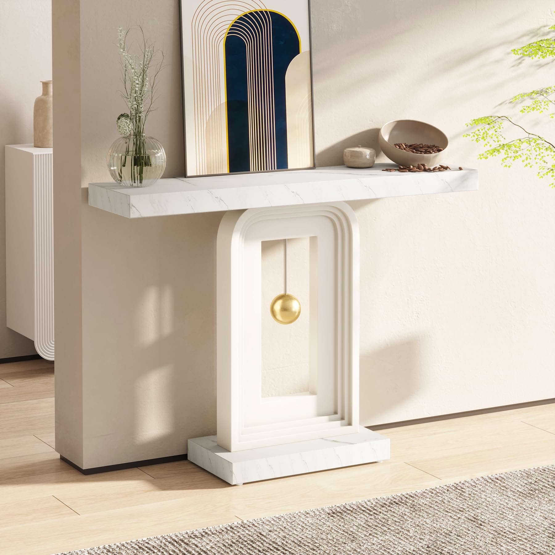 Tribesigns Modern Console Table, 40 Inches Faux Marble Sofa Table, Contemporary Entryway Table with Pendulum Shape Base for Living Room Hallway Entrance, White