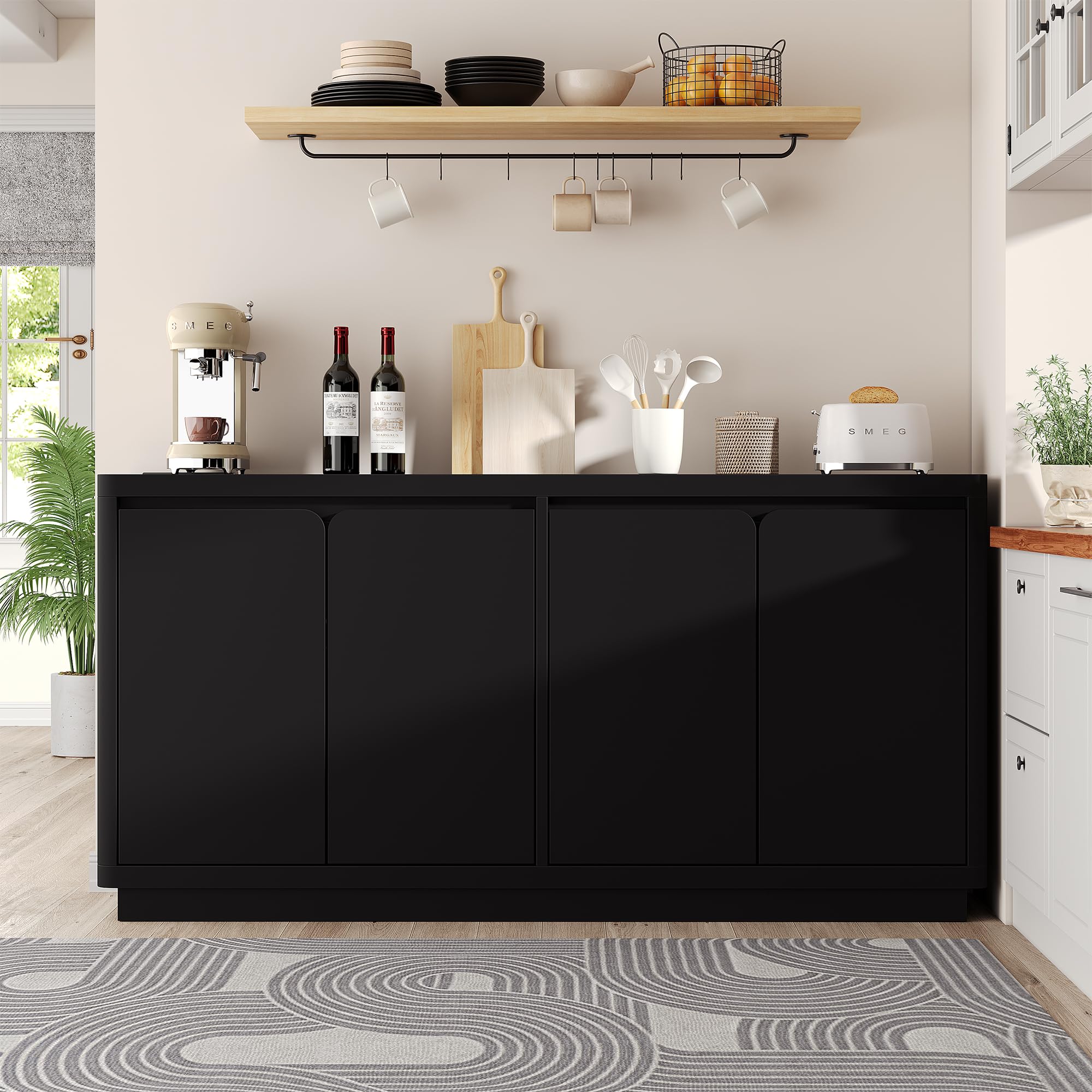 knoworld 63" Buffet Cabinet with Storage & Power Outlet, Wood Sideboard Credenza with Double-Arc Doors, Modern Coffee Bar Console Table for Kitchen Dining Room, Black