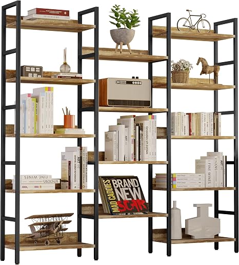 Industrial X-Shape Bookshelf with 14 Shelves, Triple Wide