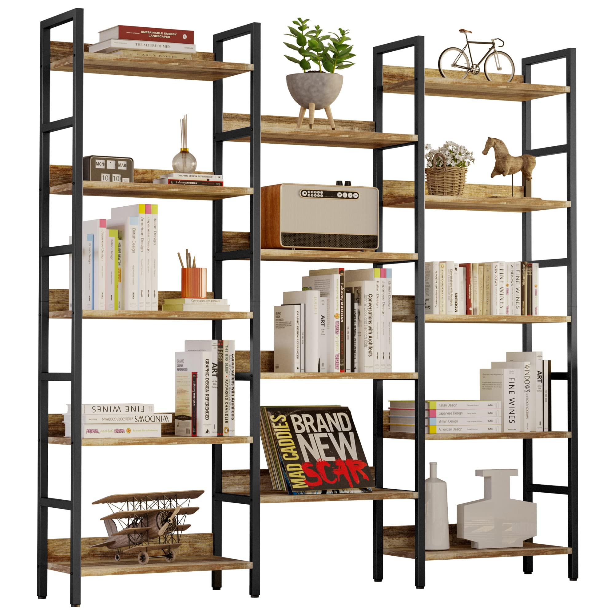IRONCK Book Shelf, Bookshelves and Bookcases, 5 Tiers Bookshelf with Baffles, Large Bookshelf with Metal Shelving, Triple Wide Shelves for Living Room, Home Office