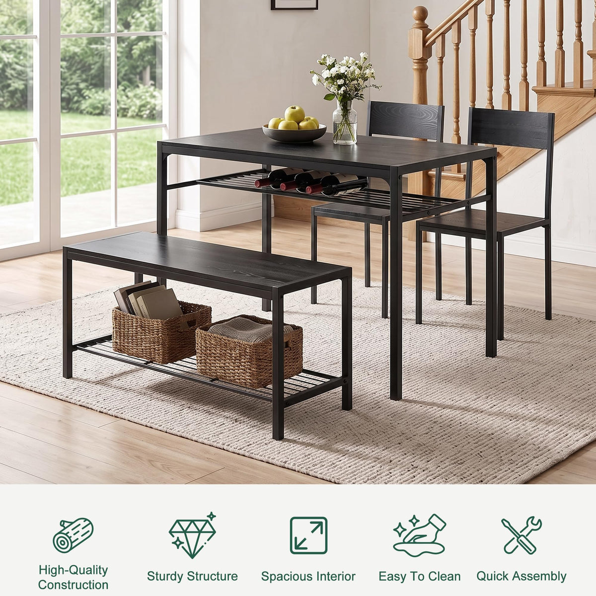 VECELO Kitchen Dining Room Table with 2 Chairs & Bench, Compact Space-Saving Design, Easy Assembly Steel Frame, Perfect for Small Apartments & Breakfast Nooks，Classic Black