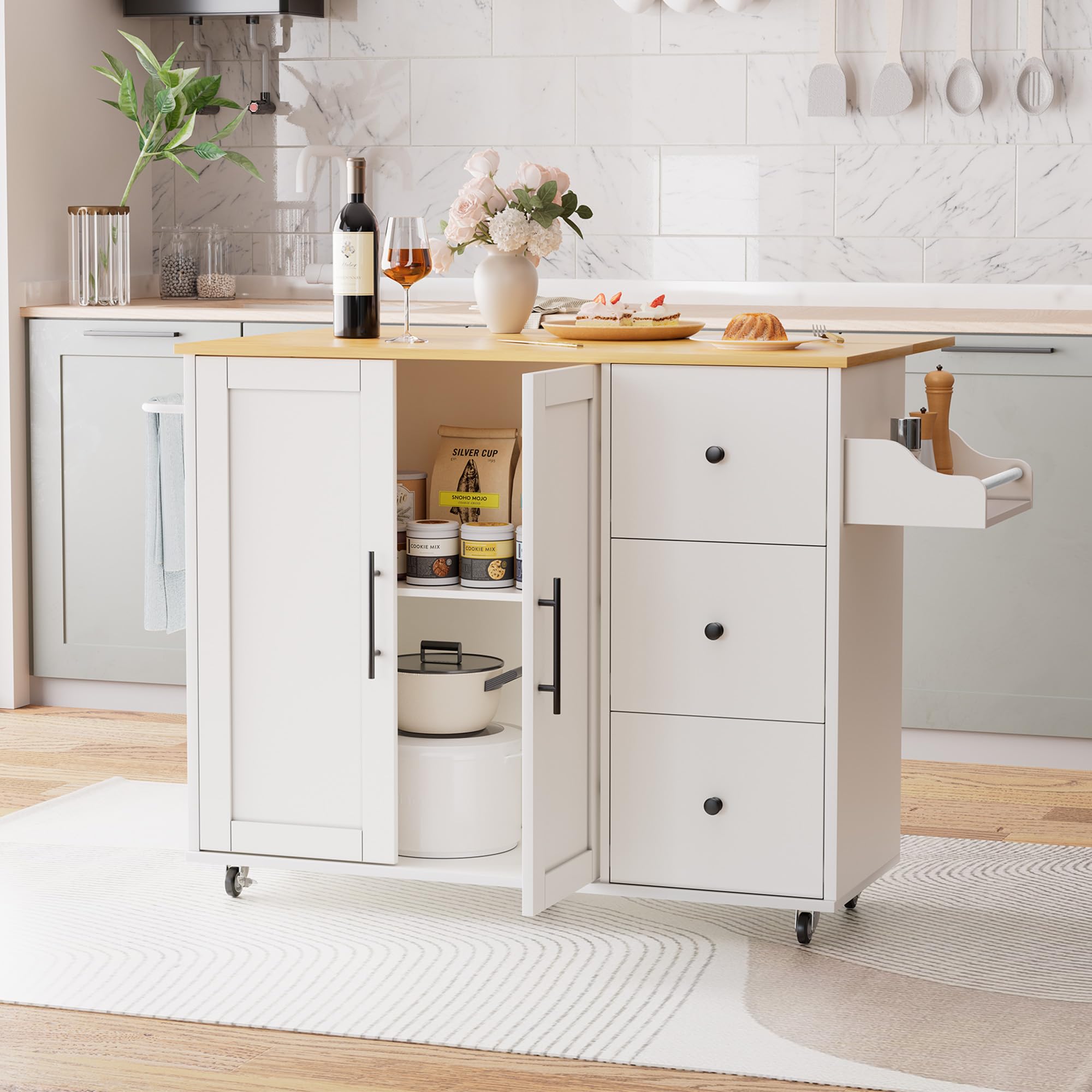 Kitchen Island Cart with Drop Leaf & Storage