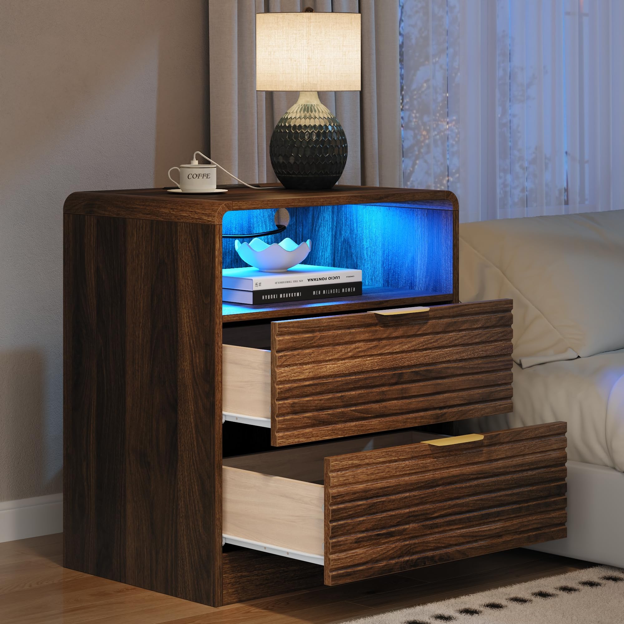 Fluted Nightstand with Charging Station & LED Lights