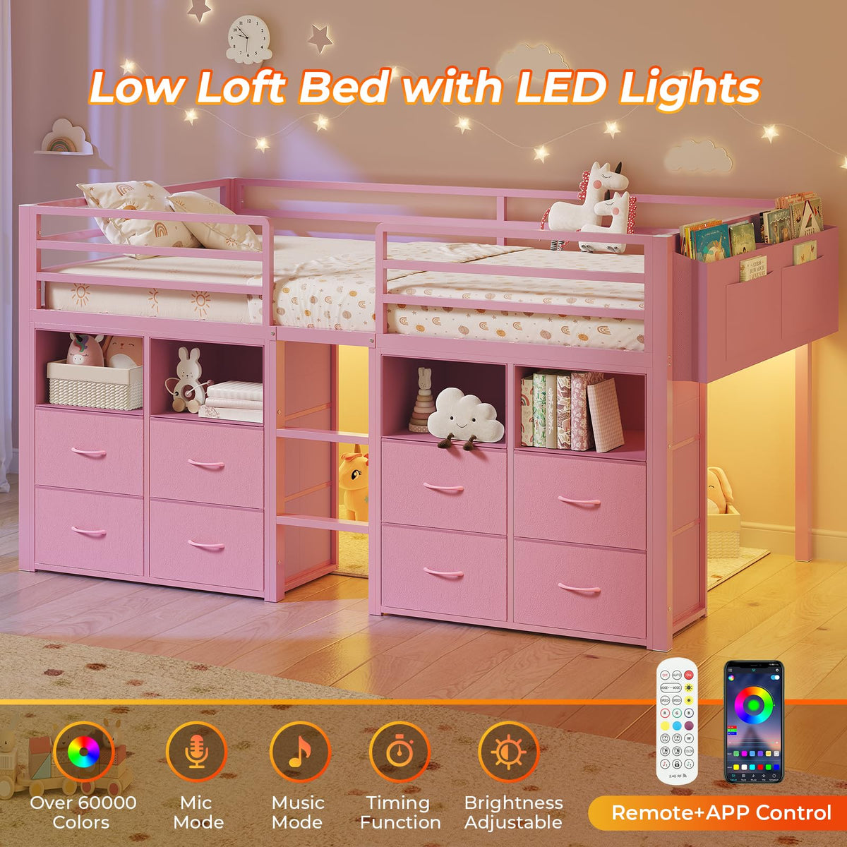 ADORNEVE Low Loft Bed Twin Size with 8 Storage Drawers for Kids, Pink