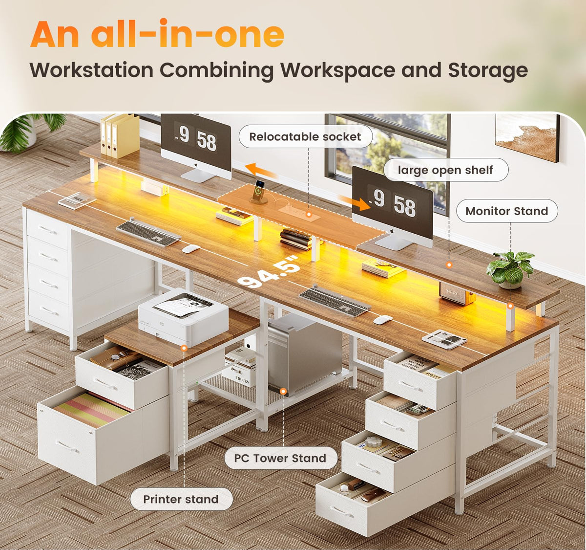 95'' 2 Person Desk with 10 Drawers, Outlets & LED for Gaming, Home Office