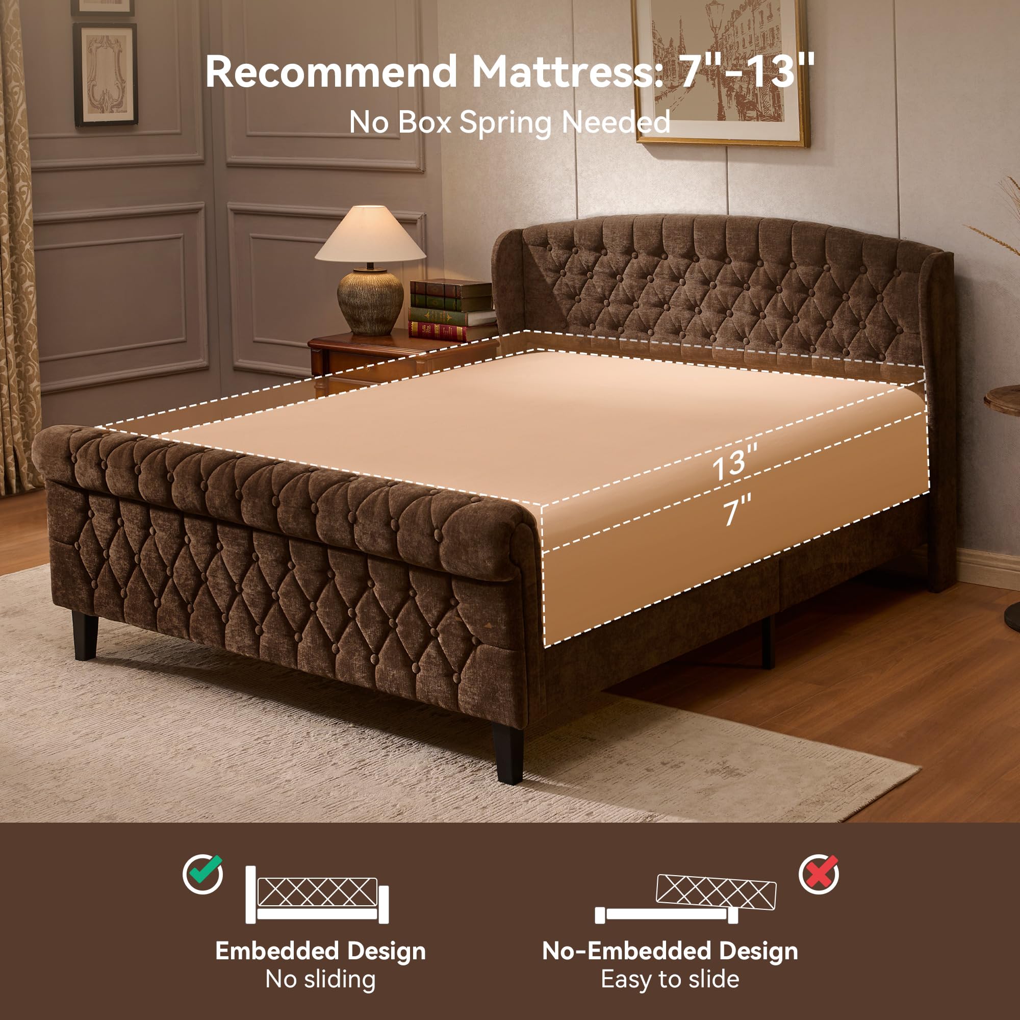 Sleigh Queen Bed Frame with Wingback Headboard