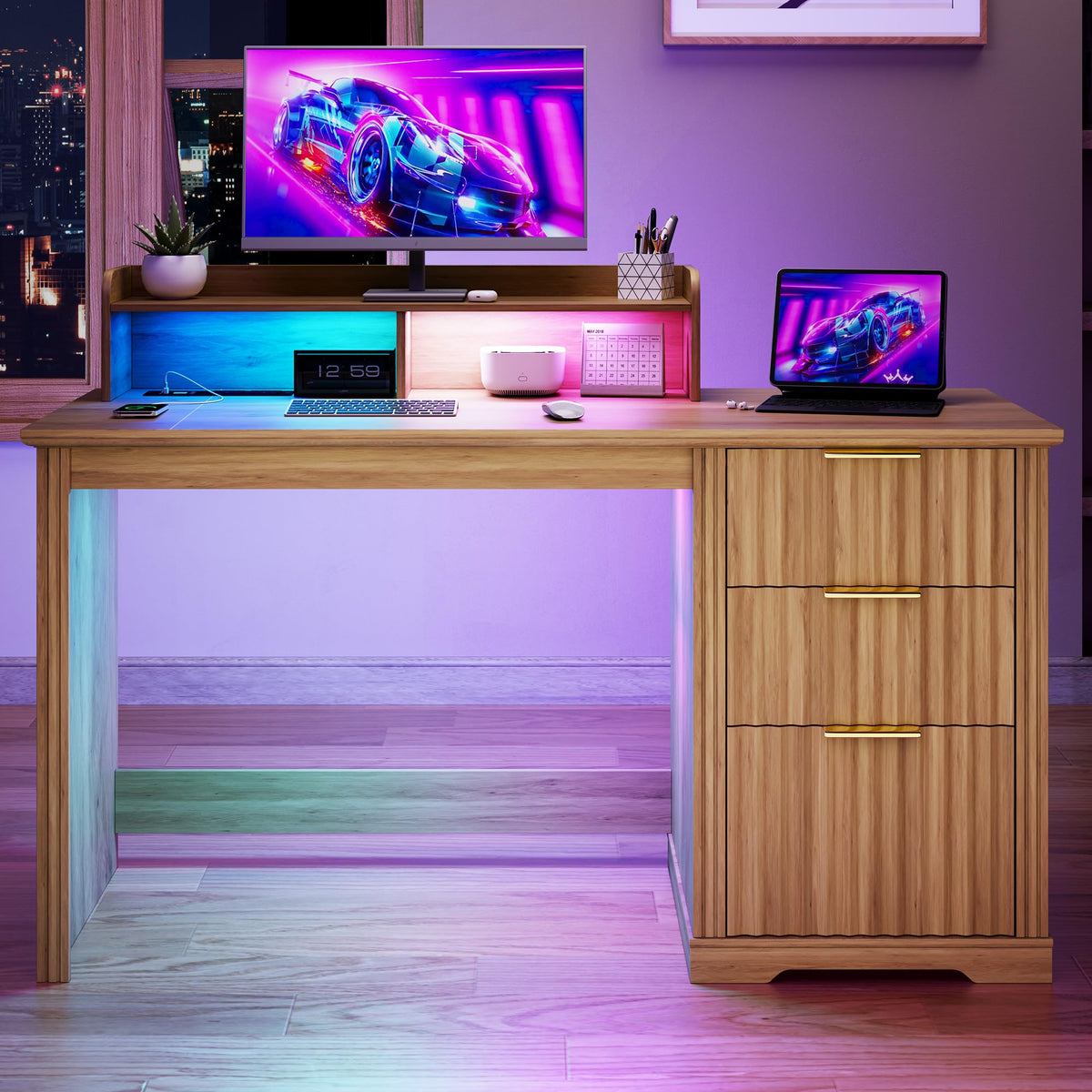 Lareth 47 inch Computer Desk with Monitor Stand, RGB LED Lights