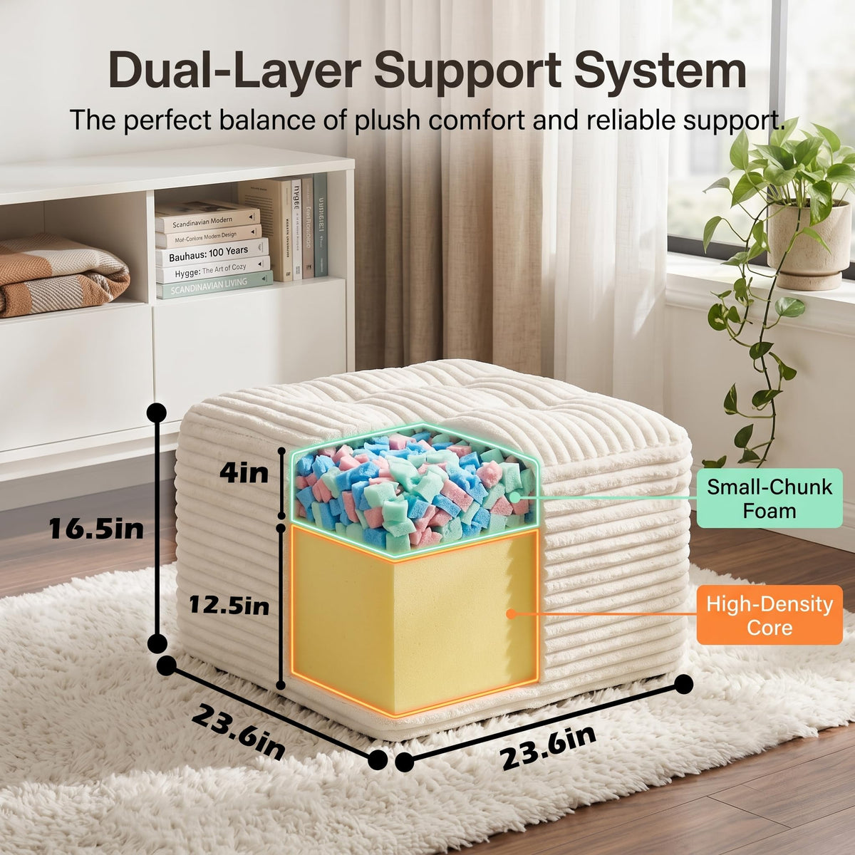 OXVIT 23.6in Pouf Ottoman, Corduroy Ottoman Foot Rest Footstool, Beige