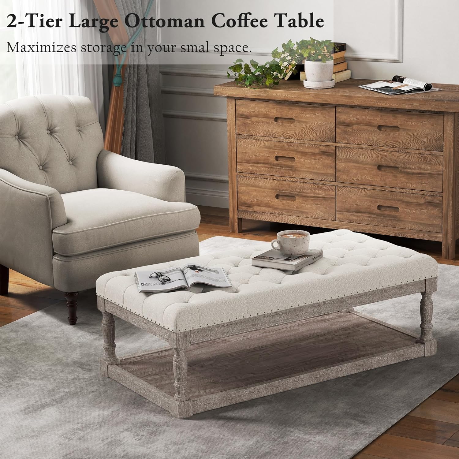 Cuzobro Ottoman Coffee Table, Large Rectangle Ottoman with Storage - Upholstered Cushioned Bench for Living Room, Tufted Linen Fabric with Solid Wood Shelf, Entryway Bench (Beige)