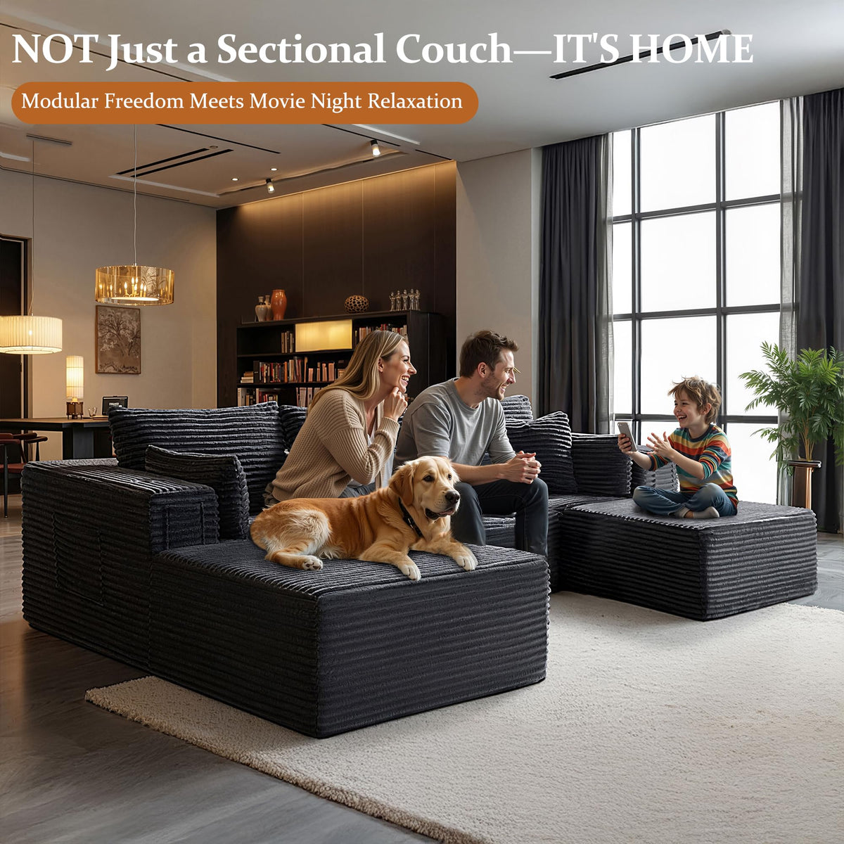 VYUXWO 108" Oversized Cloud Sectional Couch, Comfort U Shaped Boneless Couch for Living Room, Extra Deep Seats No Assembly, Modular Sofa, Corduroy (Dark Grey, 2 Seater + Left Facing Chaise + Ottoman)