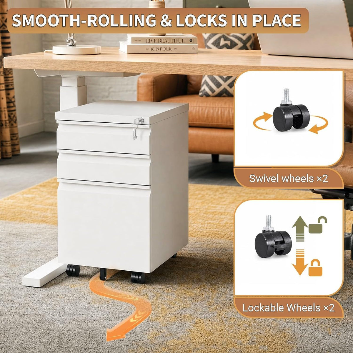 CHRONOGRAIN 3 Drawer File Cabinet with Lock and Casters,White