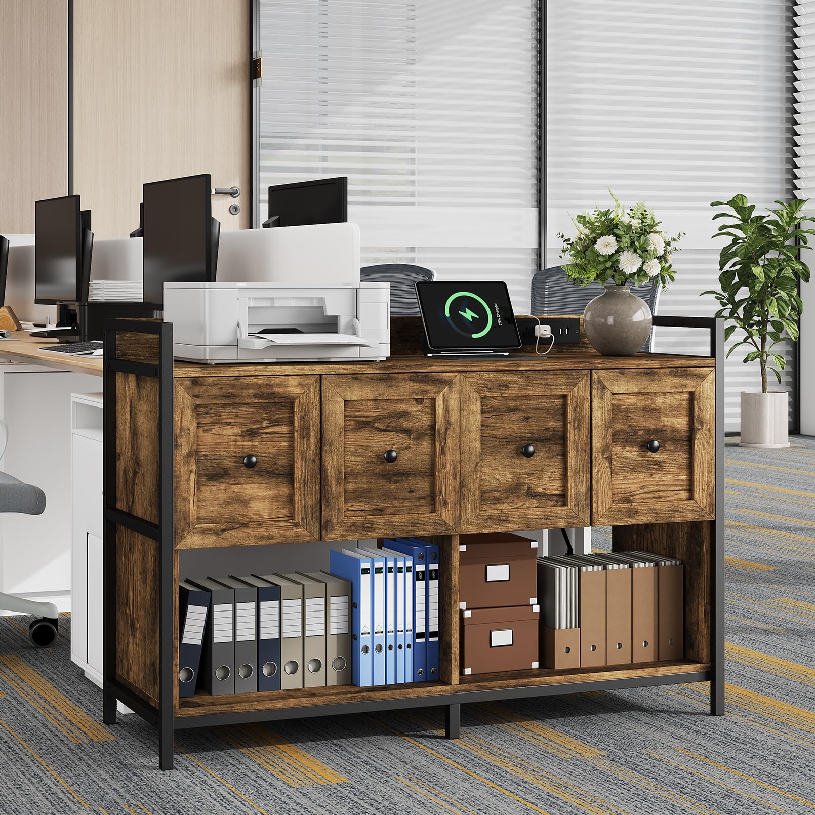 Lateral Filing Cabinet with Power Outlet & Storage Shelves