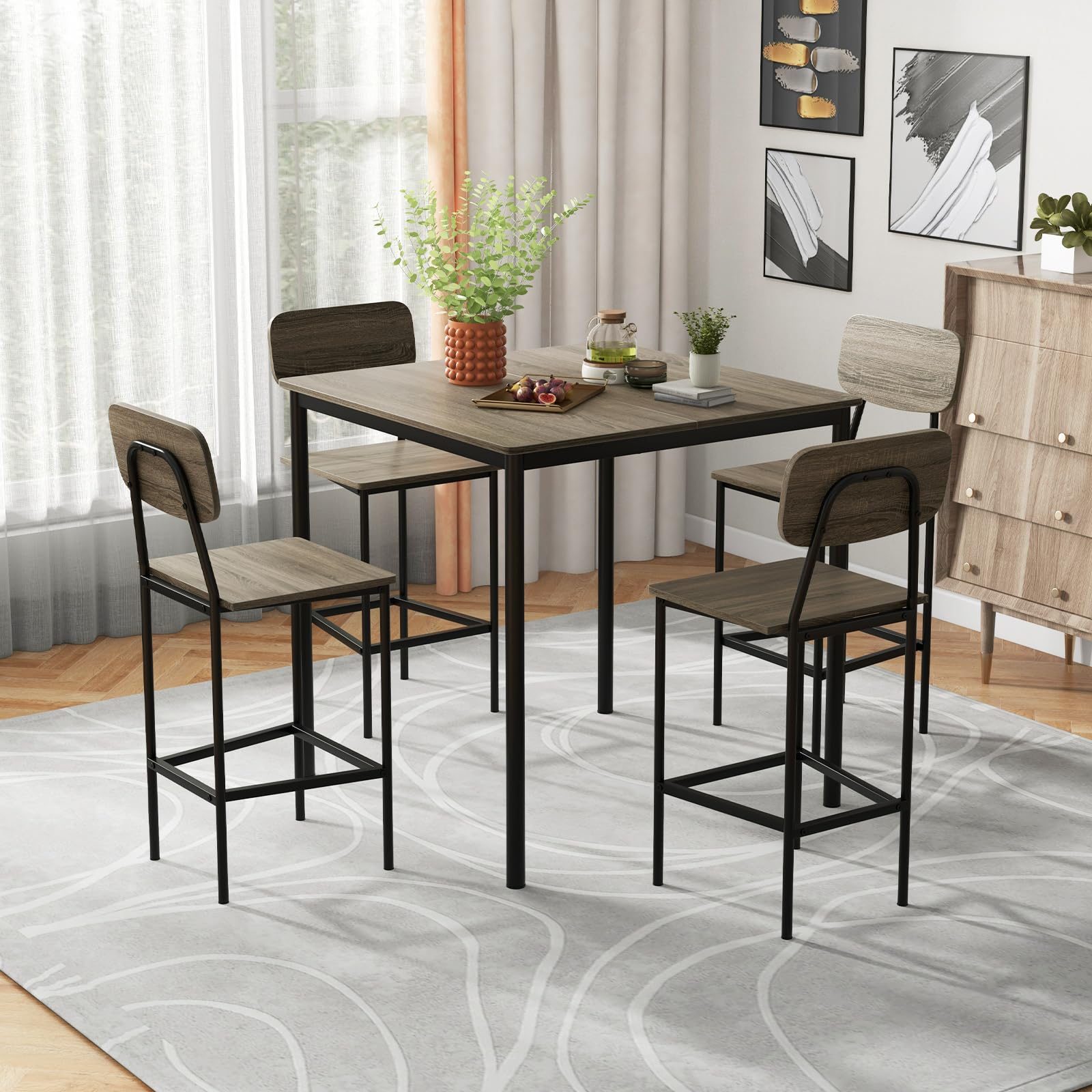 Giantex 5-Piece Dining Table Set W/Counter Height Table & 4 Bar Stools, Modern Kitchen Dining Set W/Footrest & Backrest, Space-Saving Dinette Set for Pub, Dining Room, Restaurant (Black Oak)