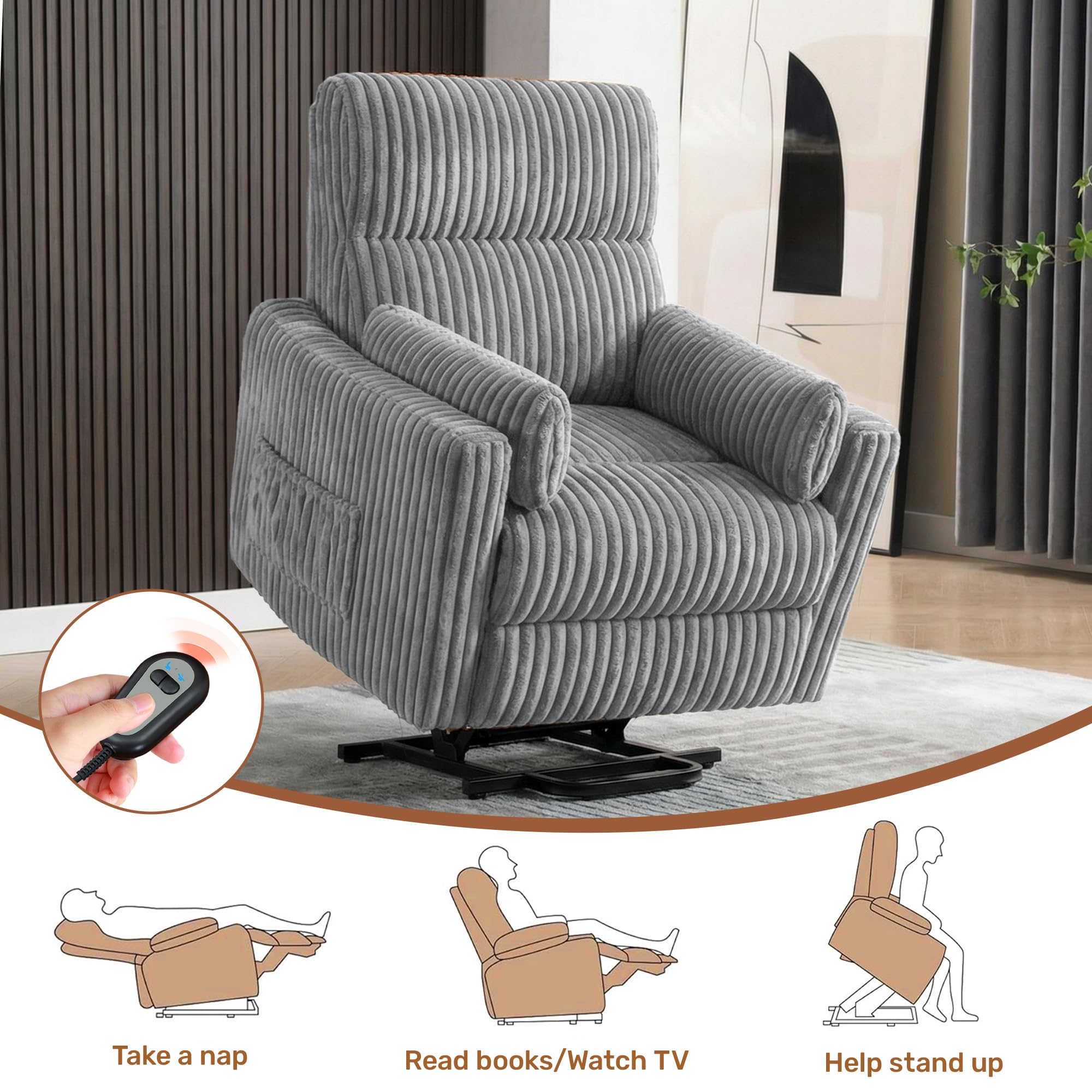 homeokay Power Lift Recliner Chair,Electric Nursery Chair for Elderly Round Plush Faux Fur with Footrest, Grey