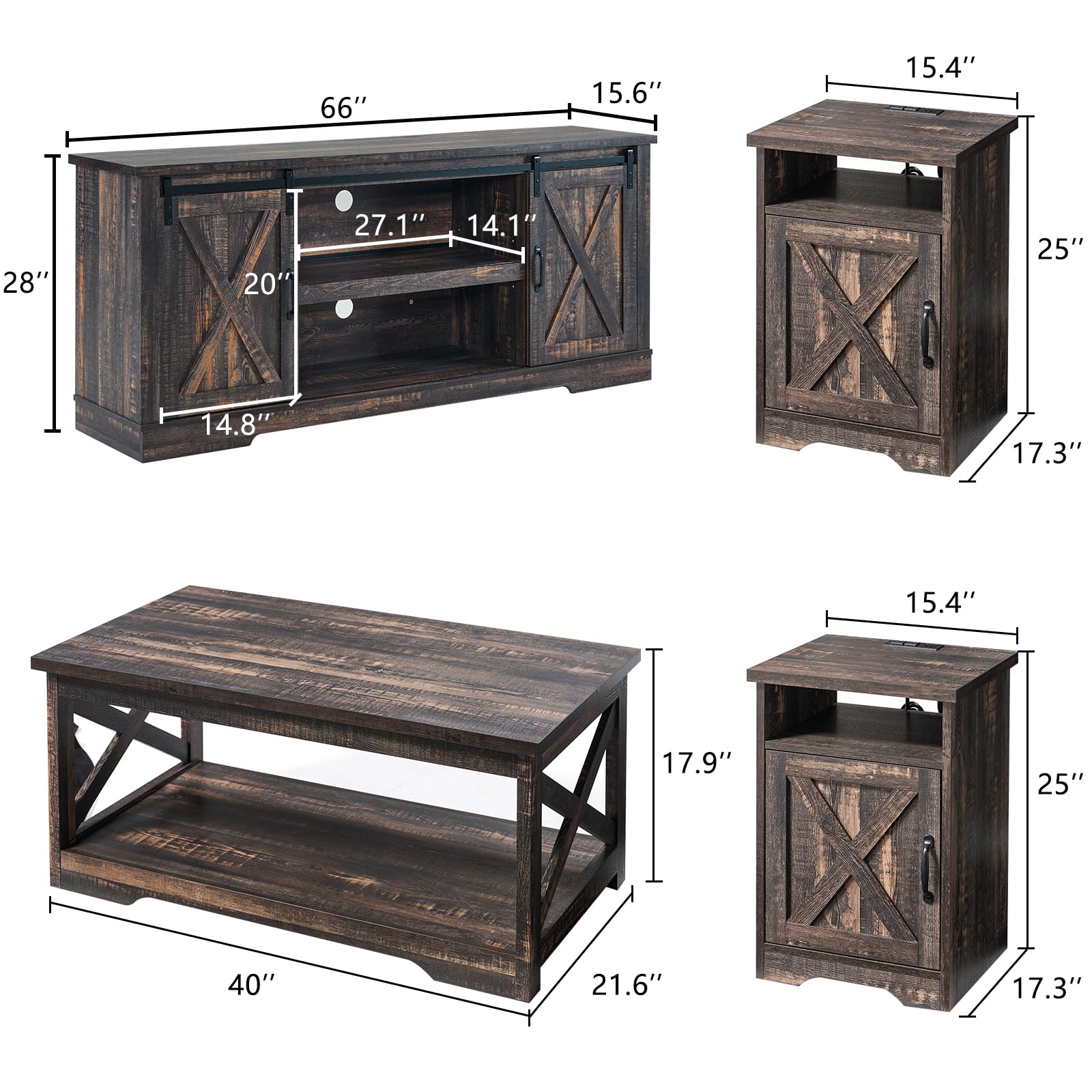 AMERLIFE 4-Piece Farmhouse Table Set Includes Sliding Barn Door TV Stand, Coffee Table& Two End Tables, Side Table with Charging Station and USB Ports, for Living Room, Dark Oak, 66"