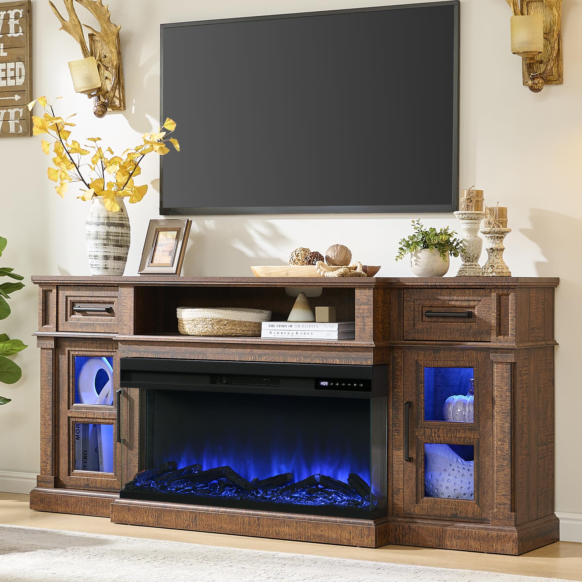 Unineo 3-Side Fireplace TV Stand for up to 80 Inch TV, LED Entertainment Center with 36 Inch Electric Fireplace, Farmhouse TV Console Table w/Drawers & Cabinets for Living Room, Cherry
