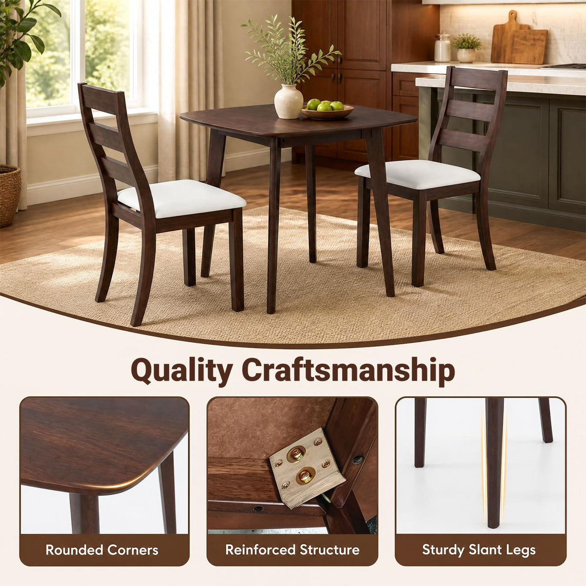 GIANTEX Small Dining Table Set for 2, Wood Square Kitchen Table and 2 Dinner Chairs with Upholstered Seat & Curved Backrest, Space-Saving Dinette Set for Small Space, Living Room, Dining Room