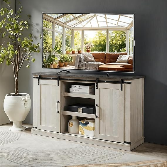 Farmhouse TV Stand with Barn Doors & Shelves, Fits TVs up to 65"