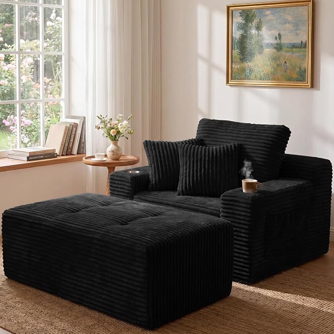 Corduroy Chaise Lounge with Ottoman