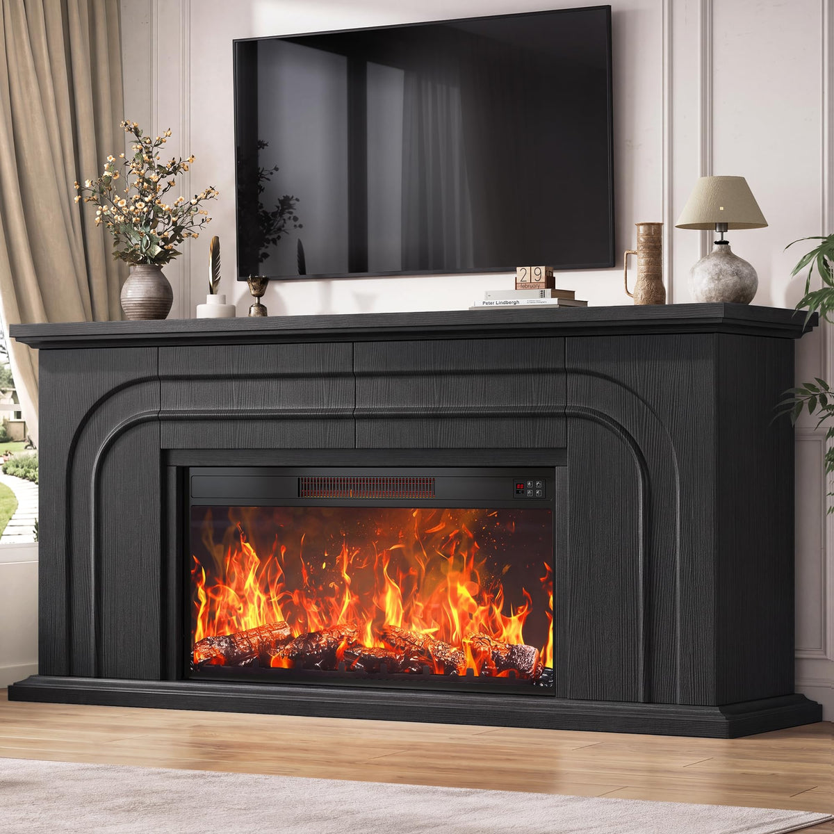 MapleGrace 70" Farmhouse Fireplace TV Stand with 36" Fireplace, Black