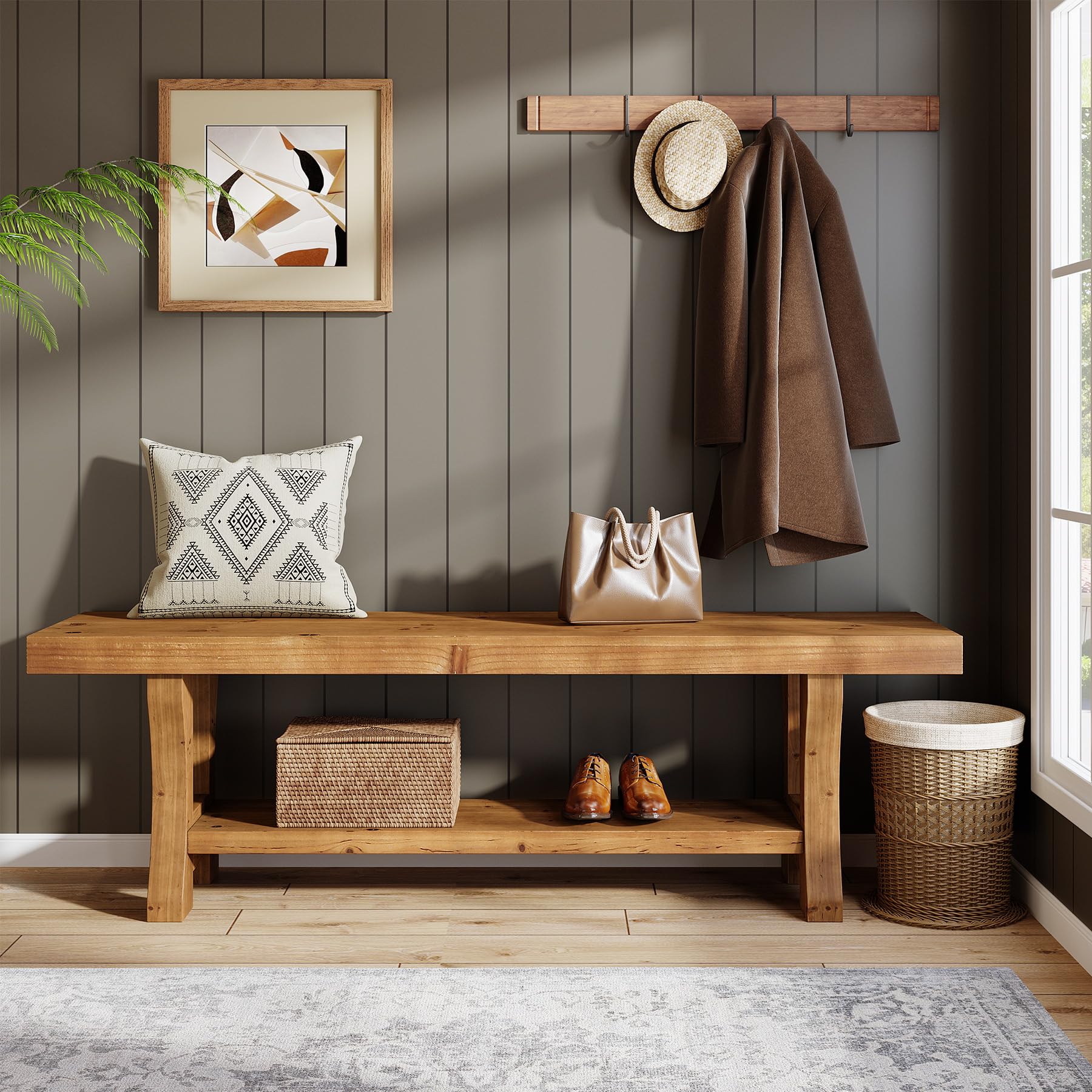 TRIBEWOOD Solid Wood Entryway Bench, 55" End of Bed Bench, Long Indoor Dining Seat for Hallway, Bedroom, Living Room, Dining Room, Easy Assembly, Brown